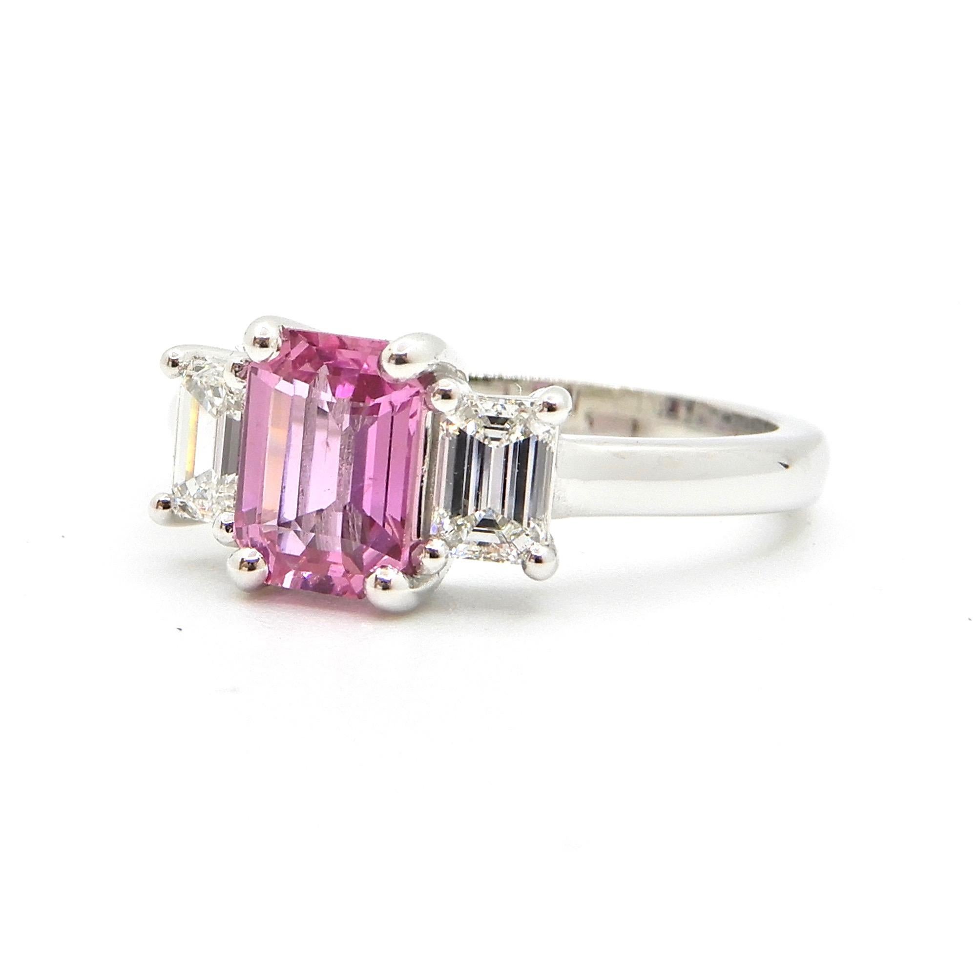 1.21 Carat Emerald Cut Pink Sapphire and Diamond Engagement Ring 7