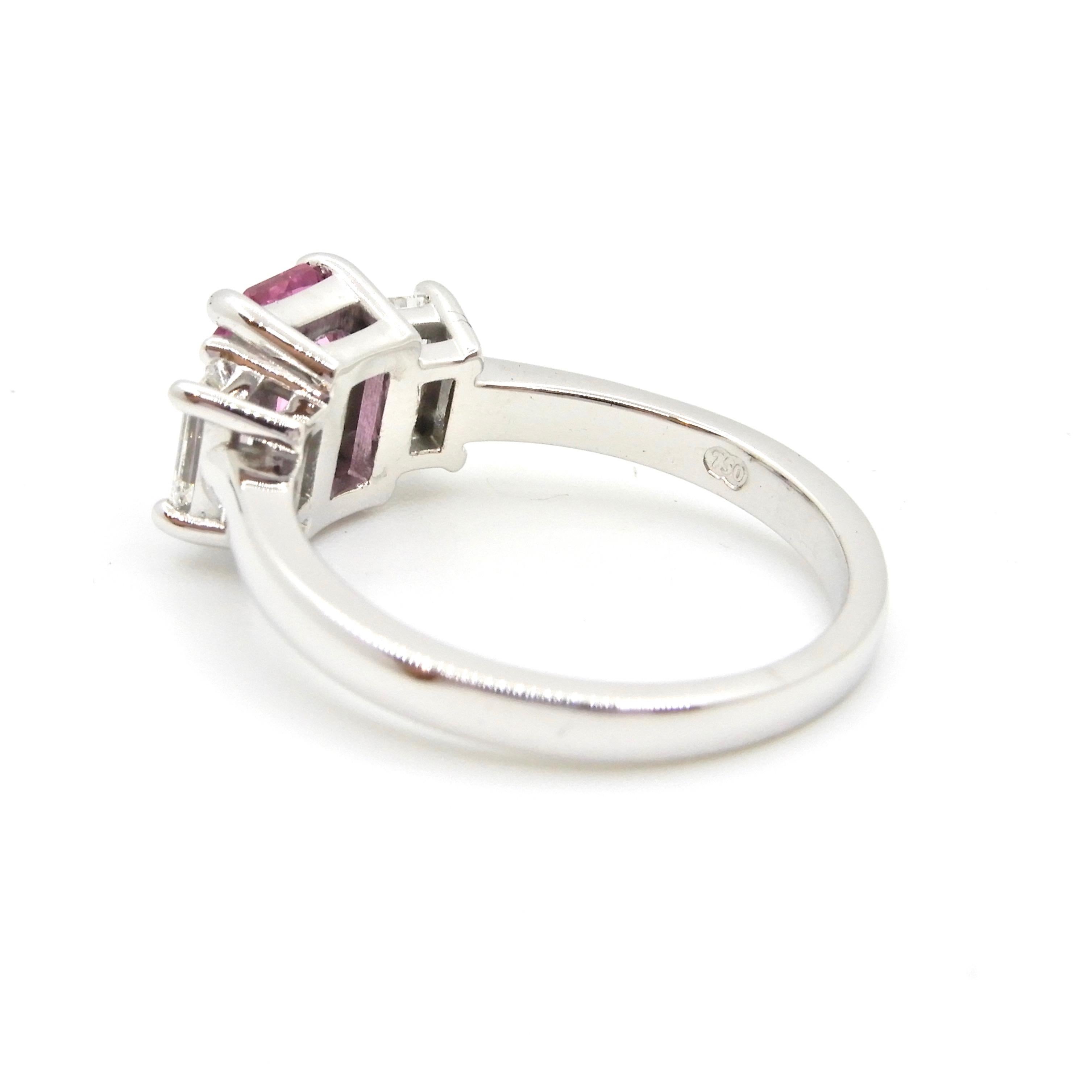 1.21 Carat Emerald Cut Pink Sapphire and Diamond Engagement Ring In New Condition In Brisbane, QLD