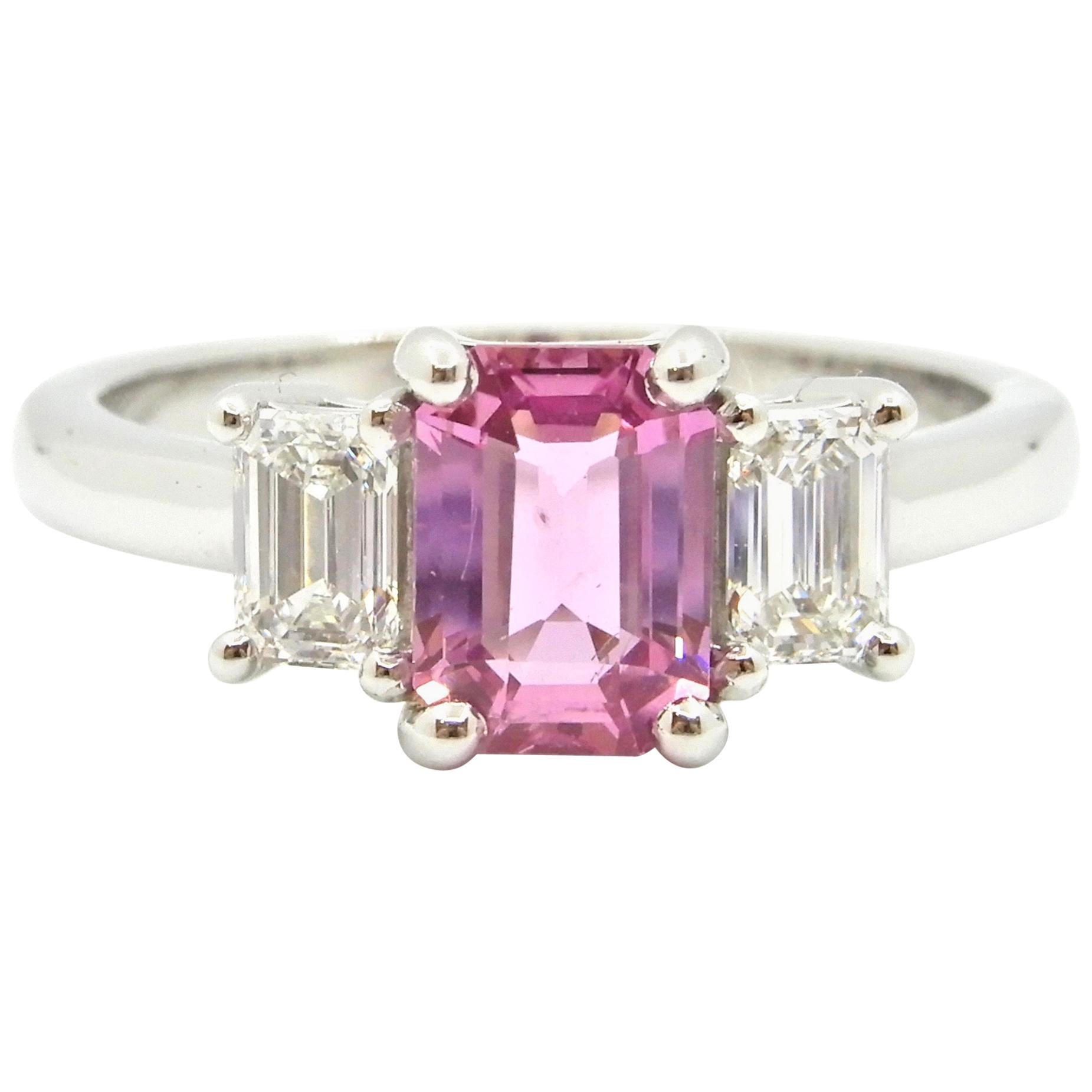 1.21 Carat Emerald Cut Pink Sapphire and Diamond Engagement Ring