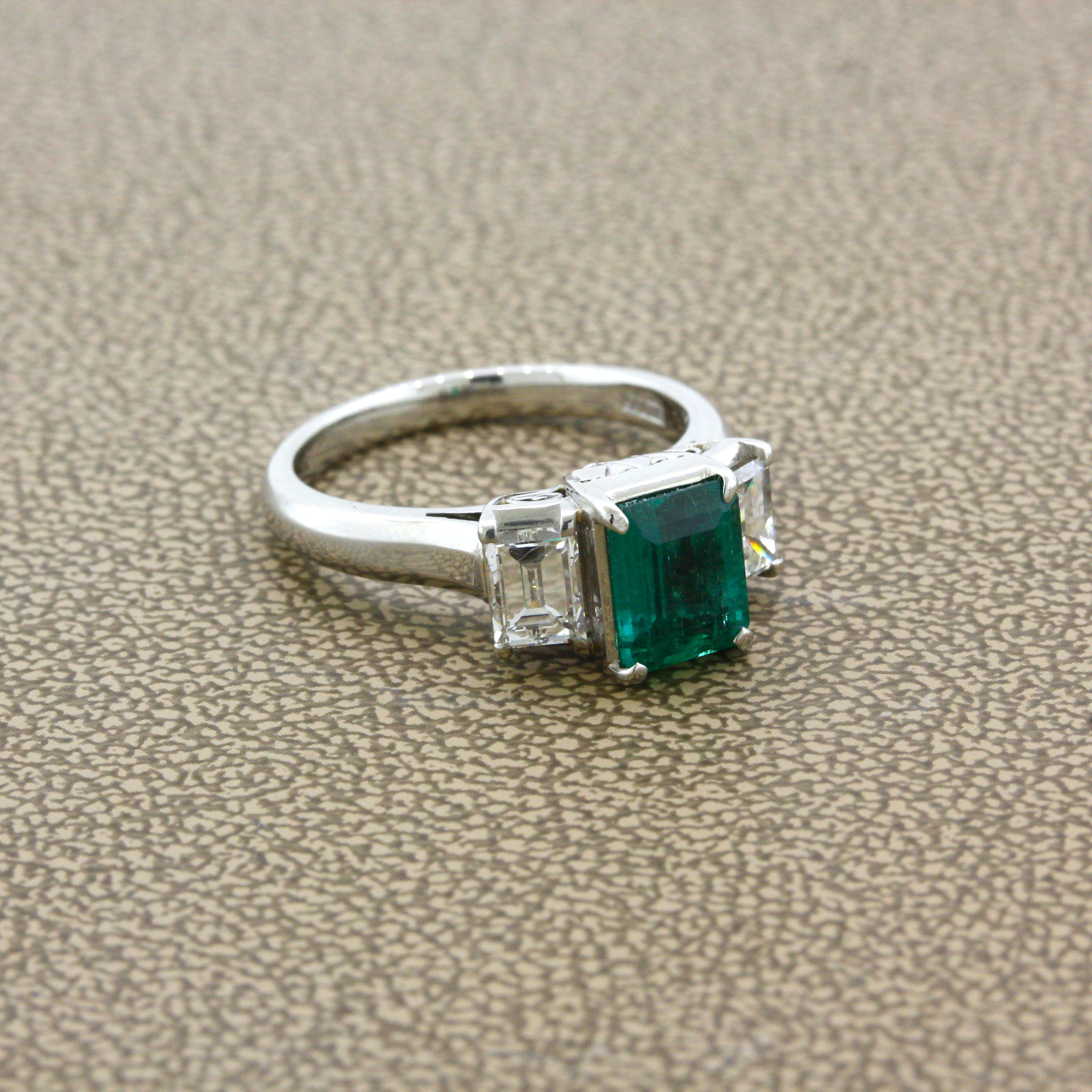 Emerald Cut 1.21 Carat Emerald Diamond 3-Stone Platinum Ring For Sale
