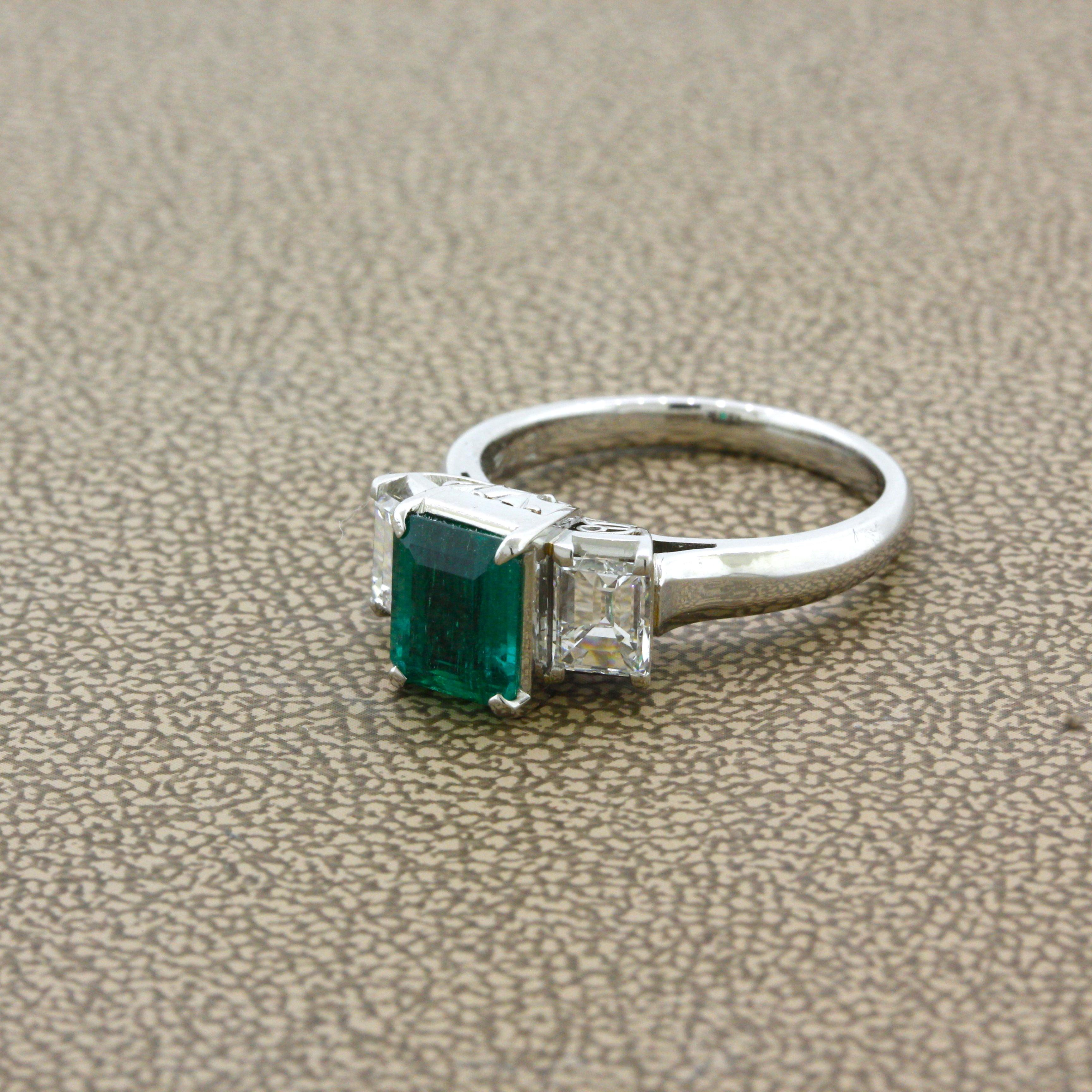 1.21 Carat Emerald Diamond 3-Stone Platinum Ring In New Condition For Sale In Beverly Hills, CA