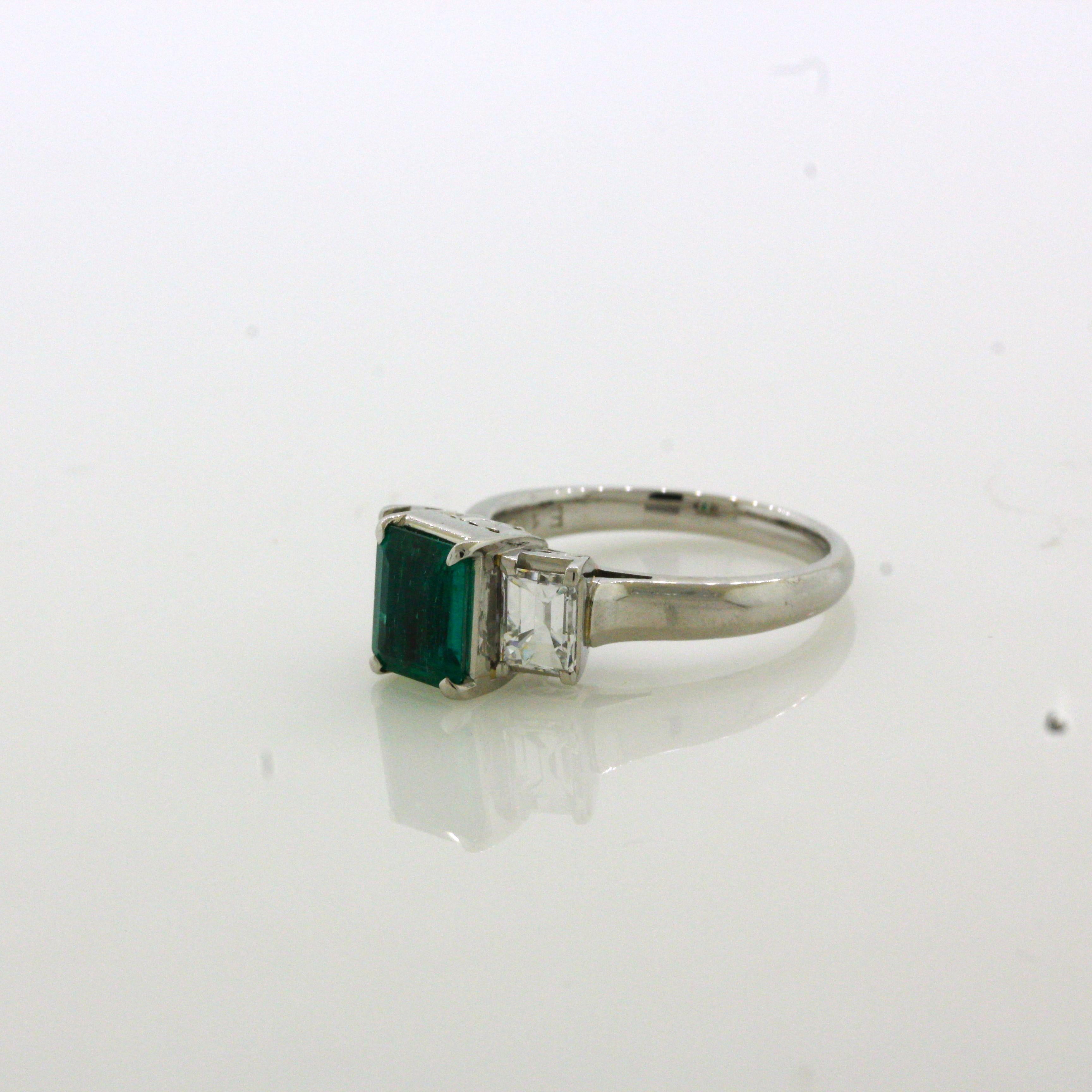 1.21 Carat Emerald Diamond 3-Stone Platinum Ring For Sale 3