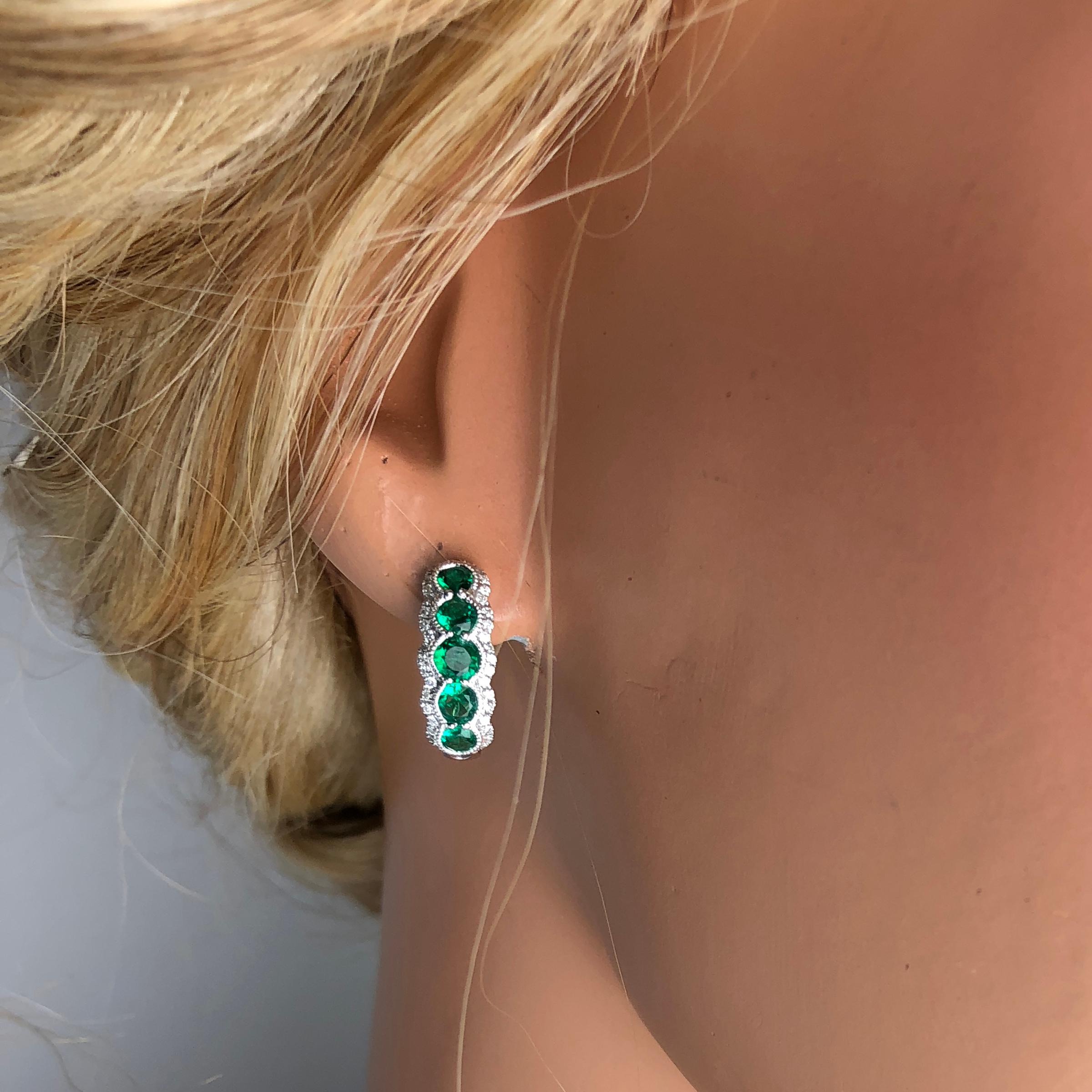 Contemporary 1.21 Carat Fine Oval Emerald and Diamond Hoop Stud Earrings in 18W ref1159 For Sale