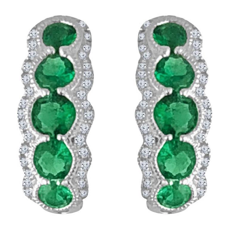 1.21 Carat Fine Oval Emerald and Diamond Hoop Stud Earrings in 18W ref1159