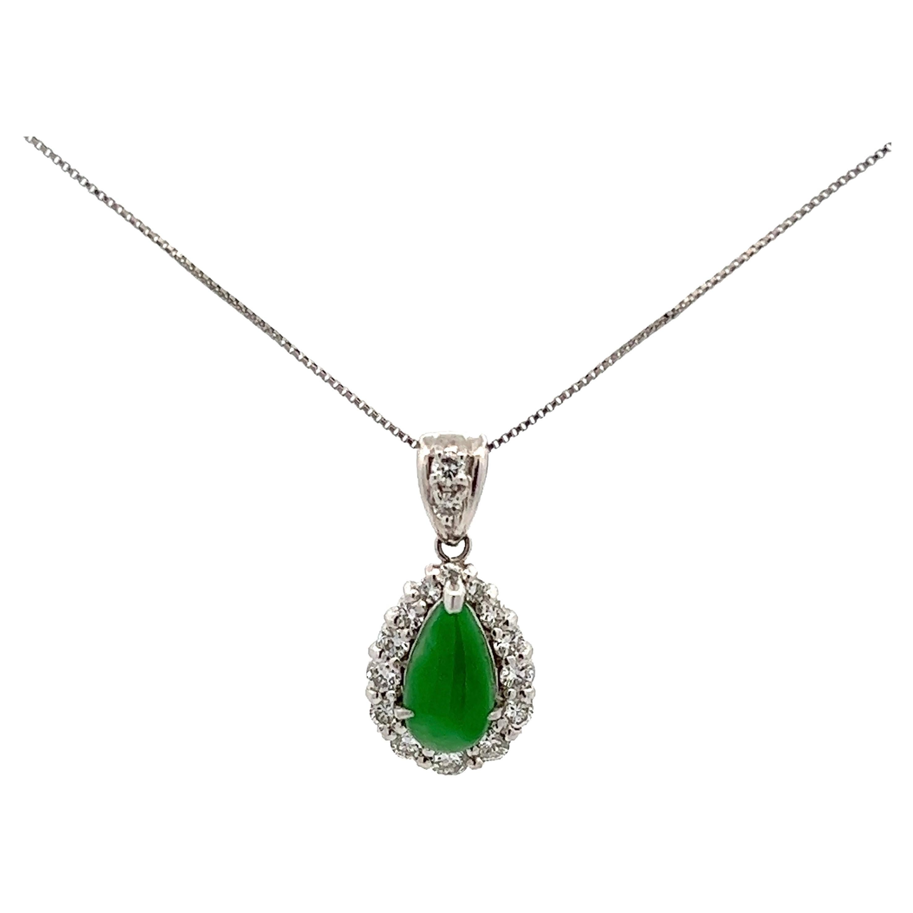 1.21 Carat Jadeite Jade GIA and Diamond Platinum Necklace Estate Fine Jewelry For Sale