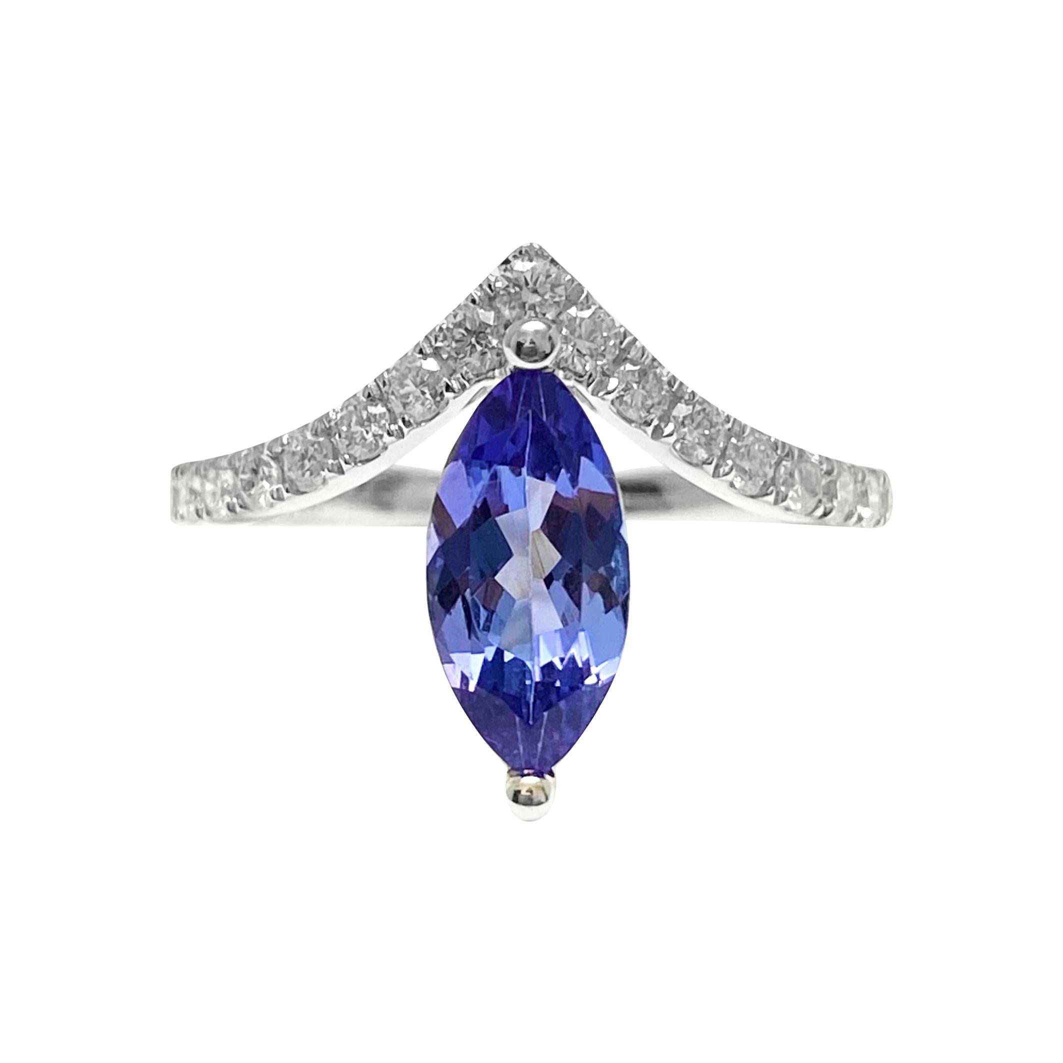 1.21 Carat Marquise-Cut Violet Tanzanite and Diamond 18k White Gold "V" Ring For Sale