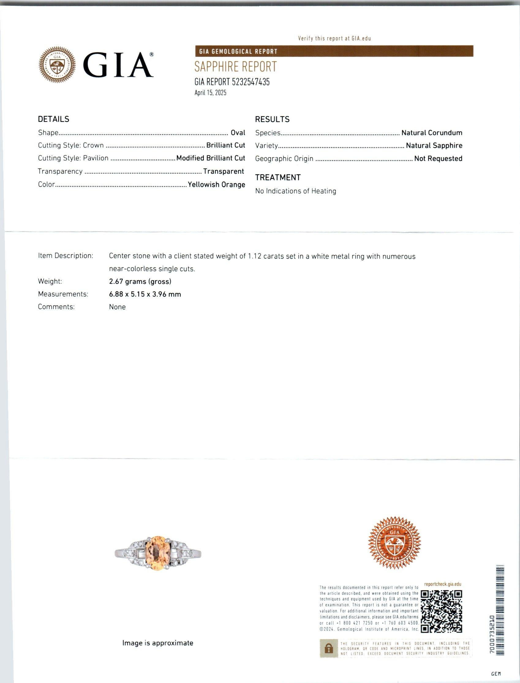 Bague de fiançailles en platine avec saphir jaune et orange naturel de 1,21 carat et diamant Bon état - En vente à Stamford, CT