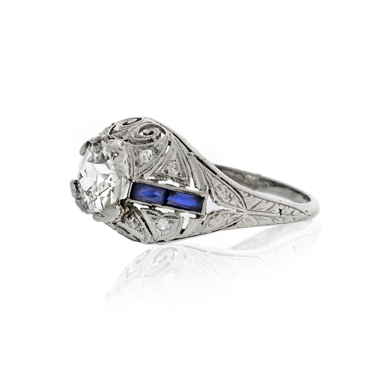 1.21 Carat Old European Cut Art Deco Sapphire Accented Engagement Ring In Good Condition In New York, NY