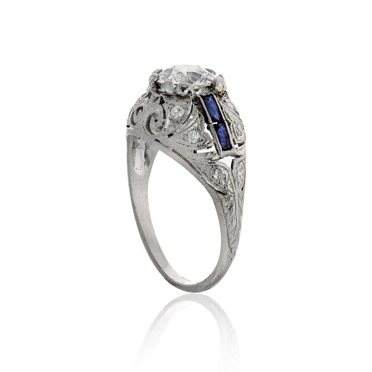 Women's 1.21 Carat Old European Cut Art Deco Sapphire Accented Engagement Ring