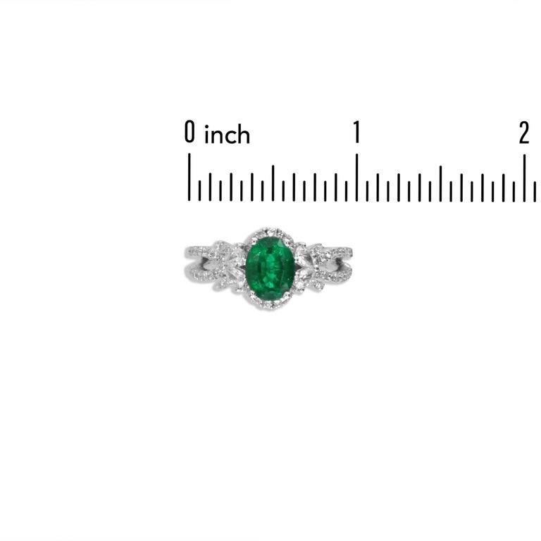 1.21 Carat Oval Cut Fine Emerald and 0.64 Carat Diamond Ring in 18k White Gold In New Condition For Sale In New York, NY