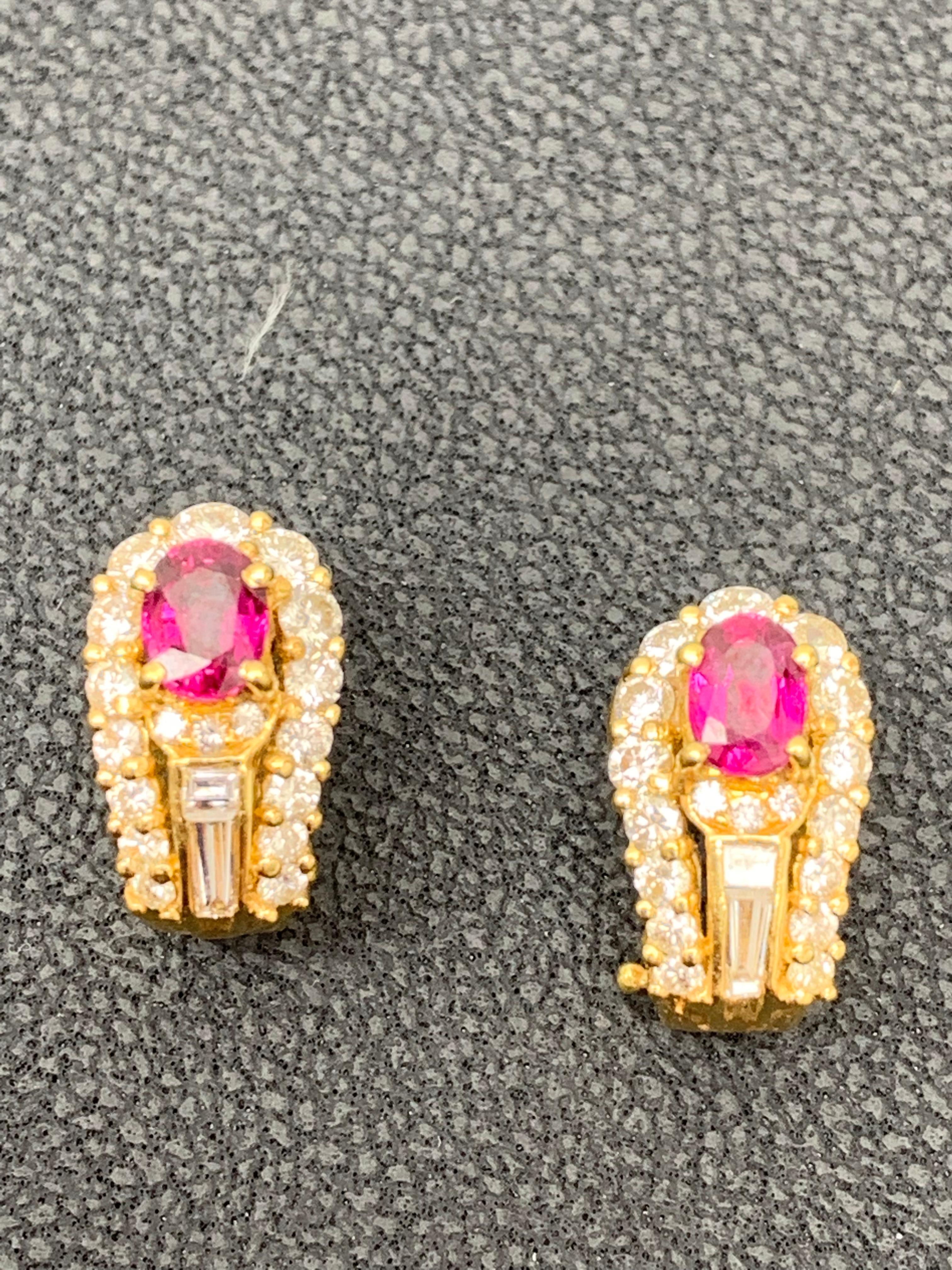 1.21 Carat Oval Cut Ruby and Diamond Earrings in 18K Yellow Gold For Sale 6