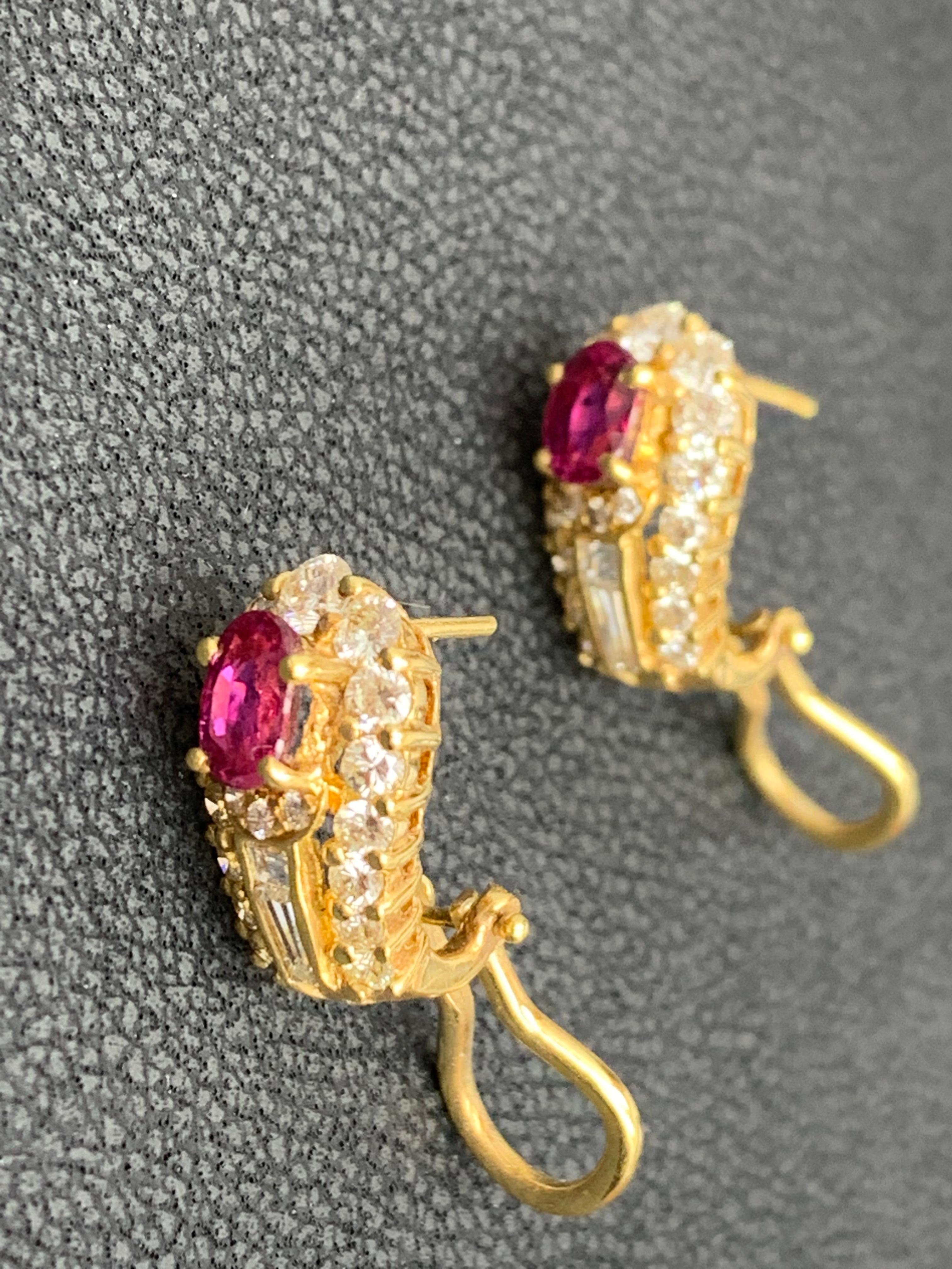 1.21 Carat Oval Cut Ruby and Diamond Earrings in 18K Yellow Gold For Sale 2