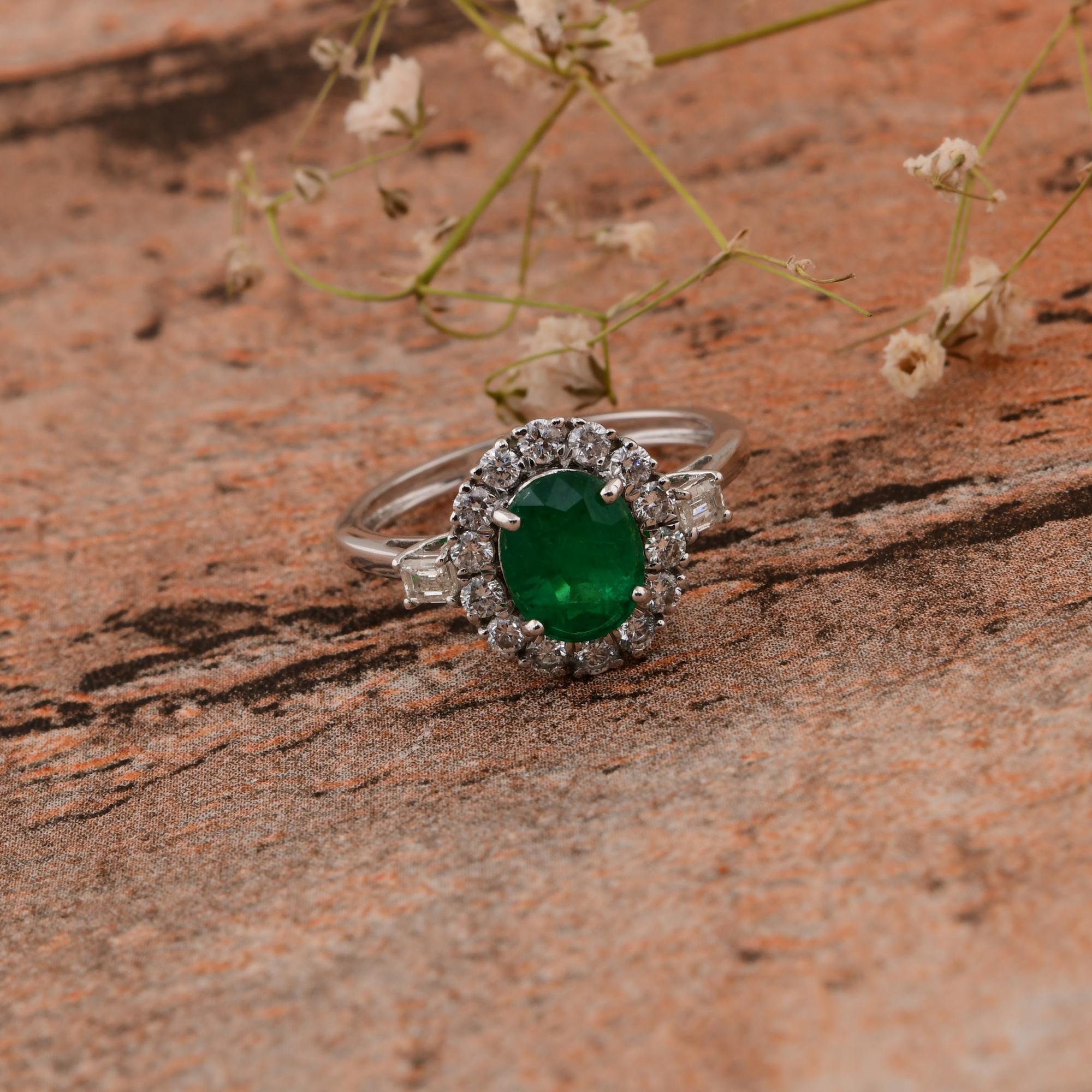 De las mujeres Anillo de esmeralda zambiana oval de 1,21 quilates Diamante SI/HI de 0,80 quilates Oro blanco de 14k en venta