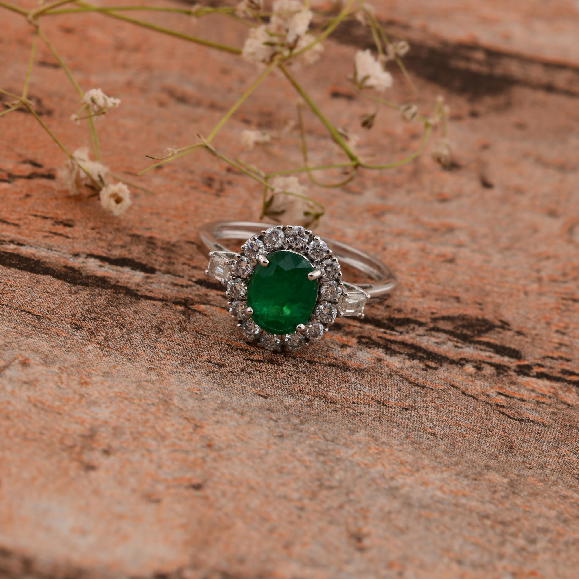 Anillo de esmeralda zambiana oval de 1,21 quilates Diamante SI/HI de 0,80 quilates Oro blanco de 14k en venta 1
