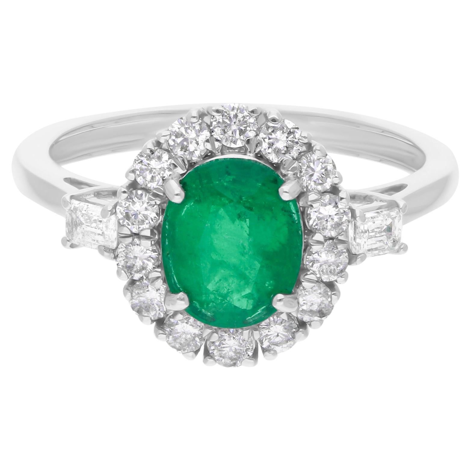 Anillo de esmeralda zambiana oval de 1,21 quilates Diamante SI/HI de 0,80 quilates Oro blanco de 14k en venta