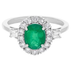 1.21 Carat Oval Zambian Emerald Ring 0.80 Carat SI/HI Diamond 14k White Gold
