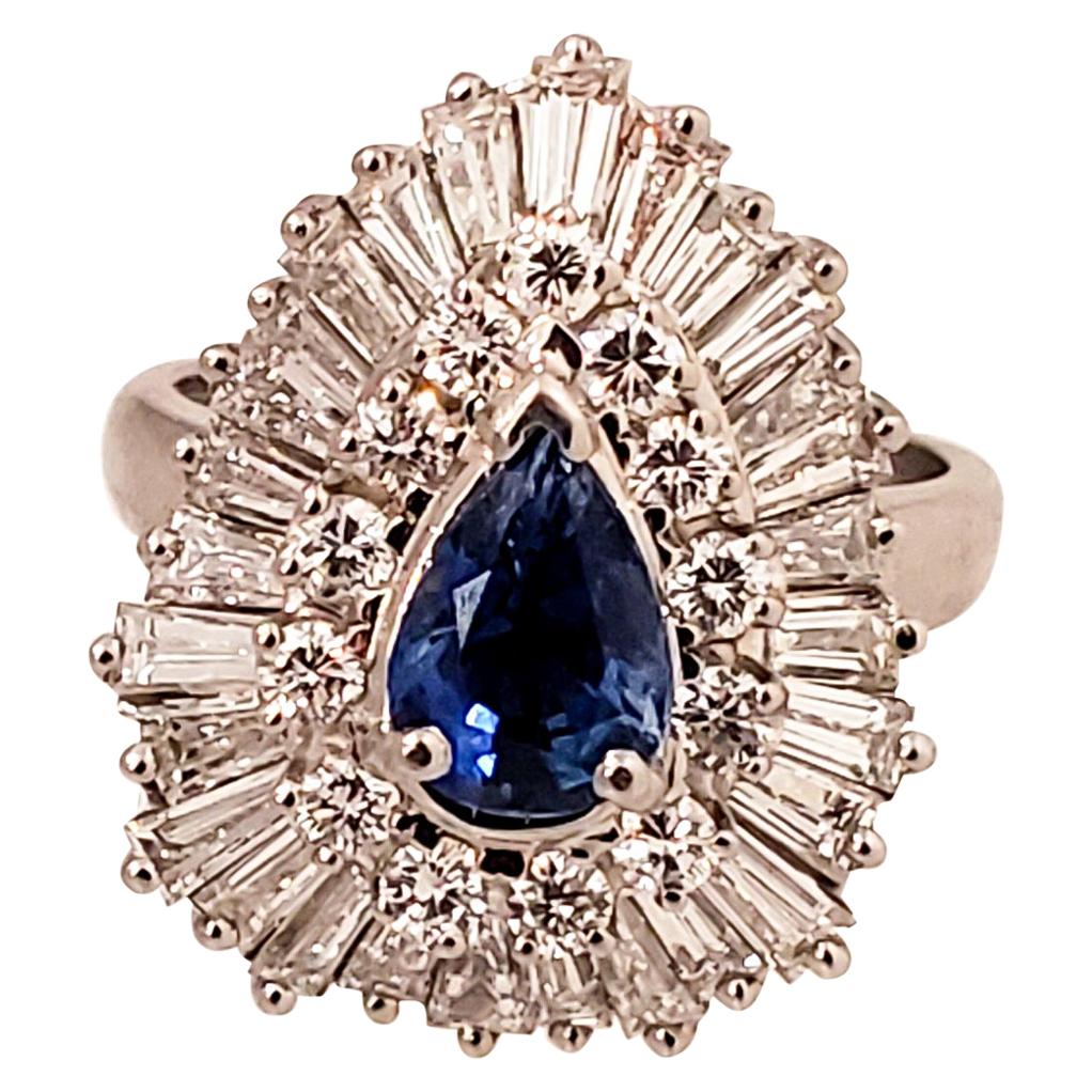1.21 Carat Pear Shape Blue Sapphire and Diamond Cocktail Ring in Platinum For Sale
