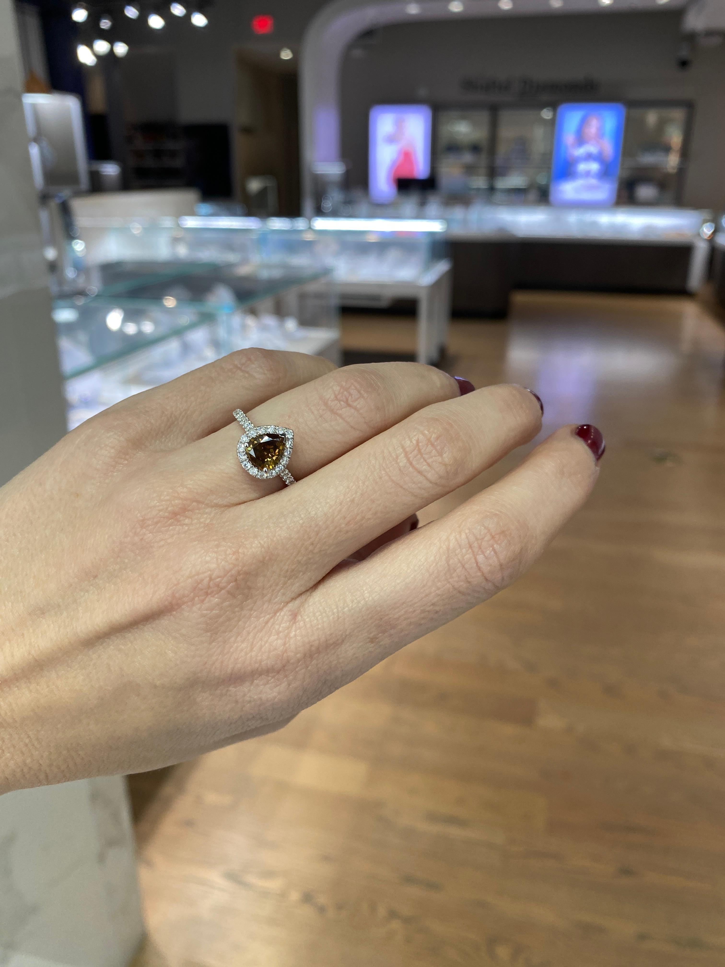 1.21 Carat Pear Shape Fancy Dark Yellow Brown Diamond Halo Engagement Ring For Sale 3