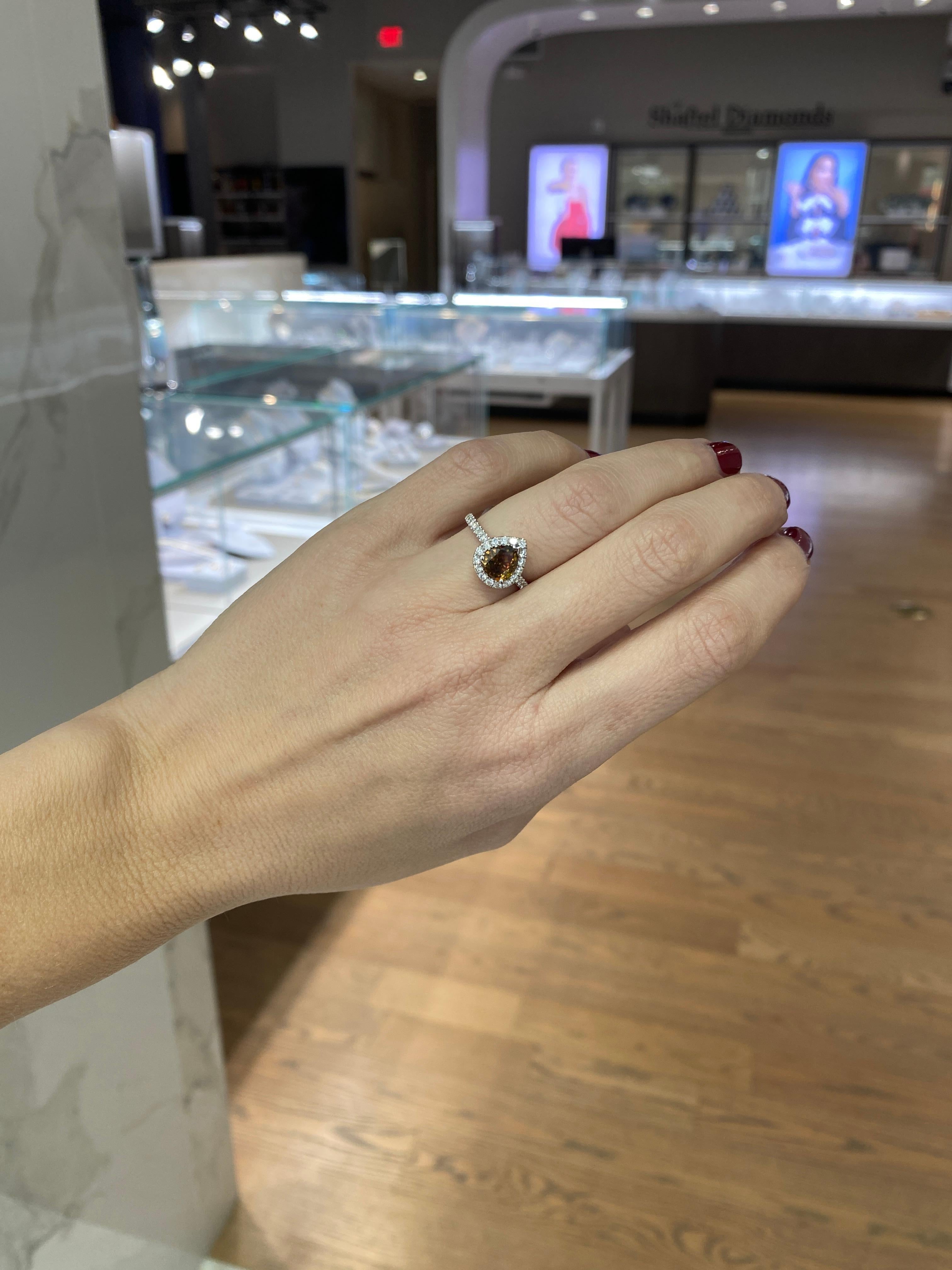 1.21 Carat Pear Shape Fancy Dark Yellow Brown Diamond Halo Engagement Ring For Sale 4
