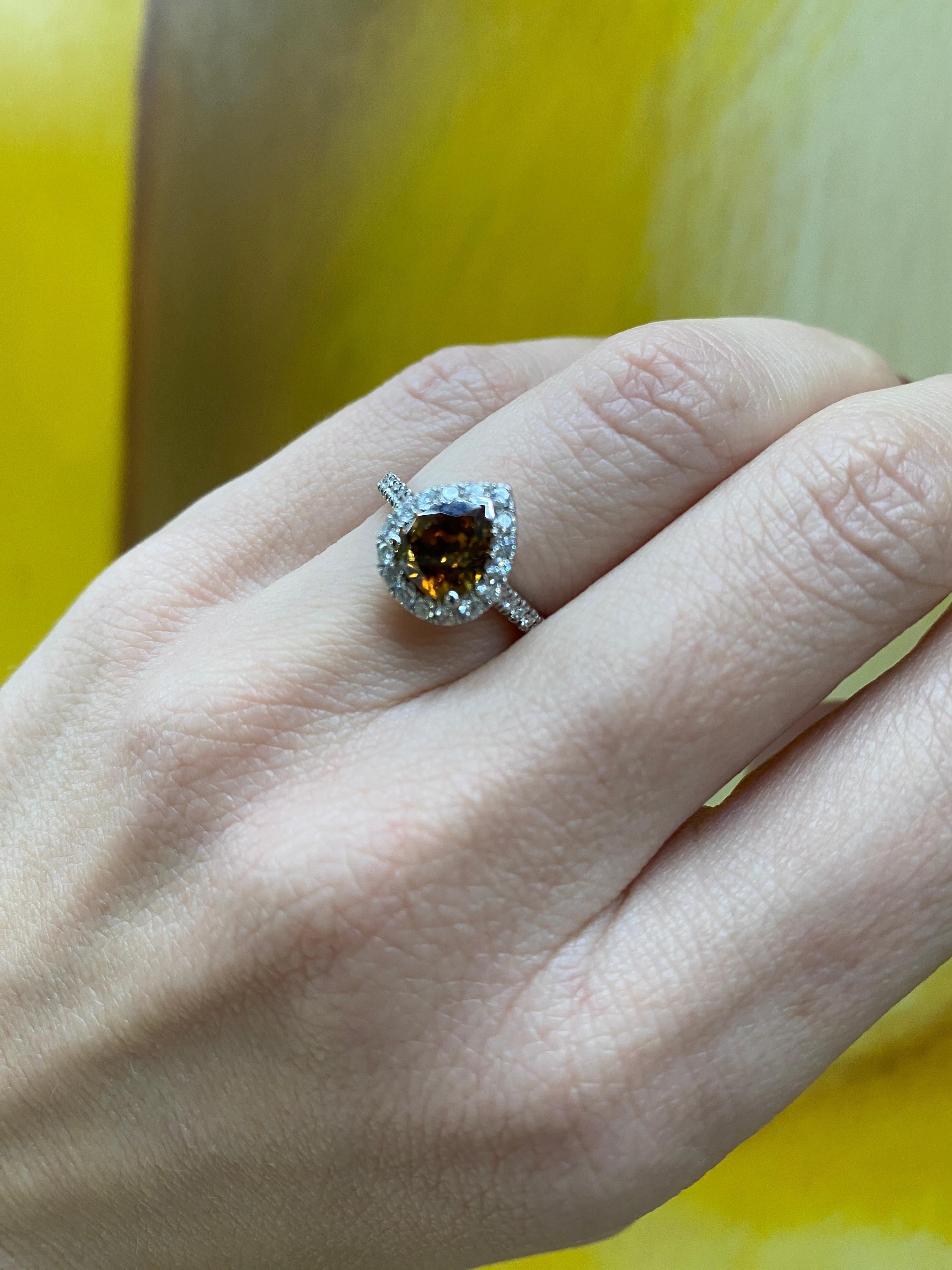 1.21 Carat Pear Shape Fancy Dark Yellow Brown Diamond Halo Engagement Ring For Sale 5