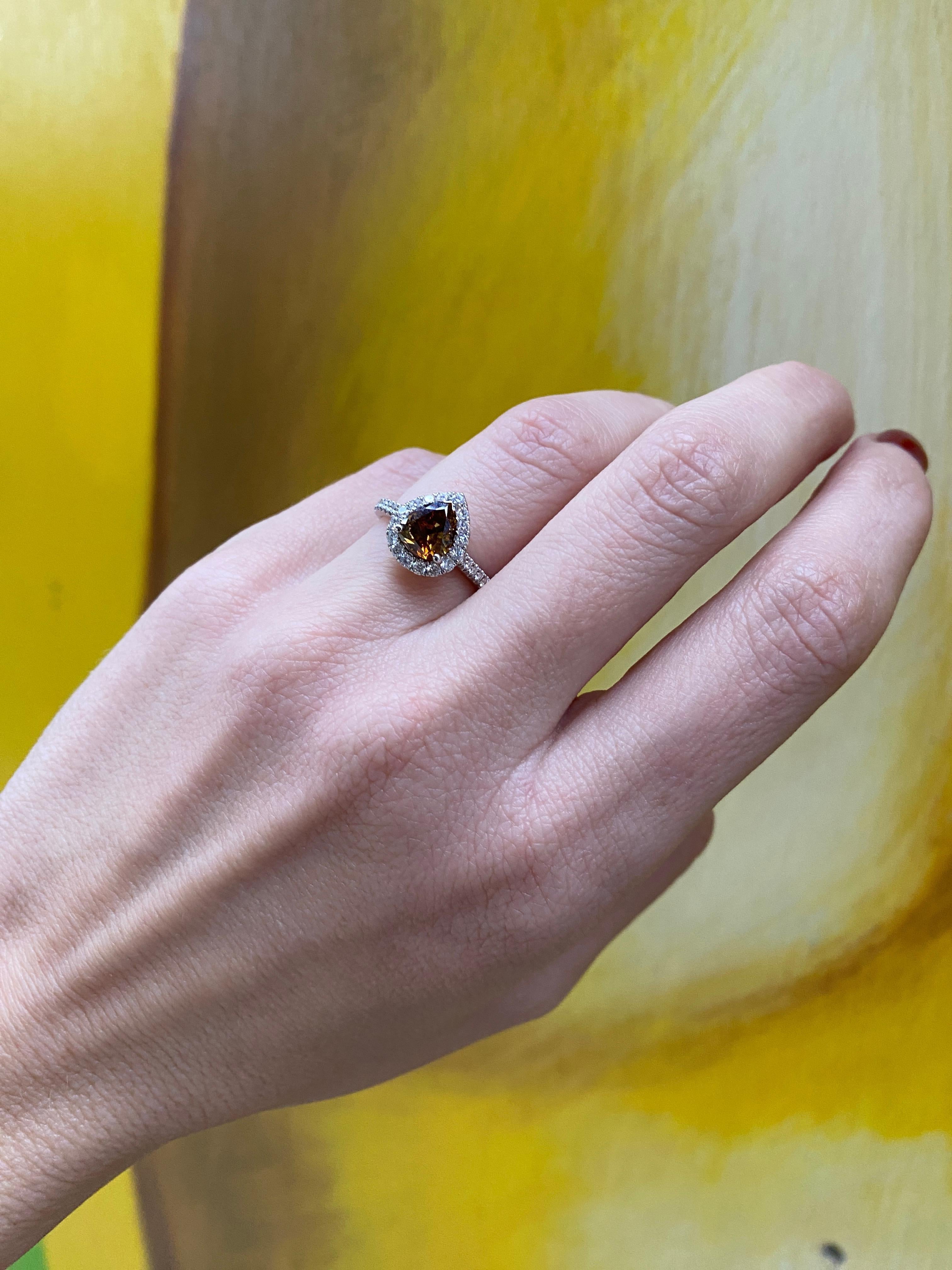 1.21 Carat Pear Shape Fancy Dark Yellow Brown Diamond Halo Engagement Ring For Sale 6