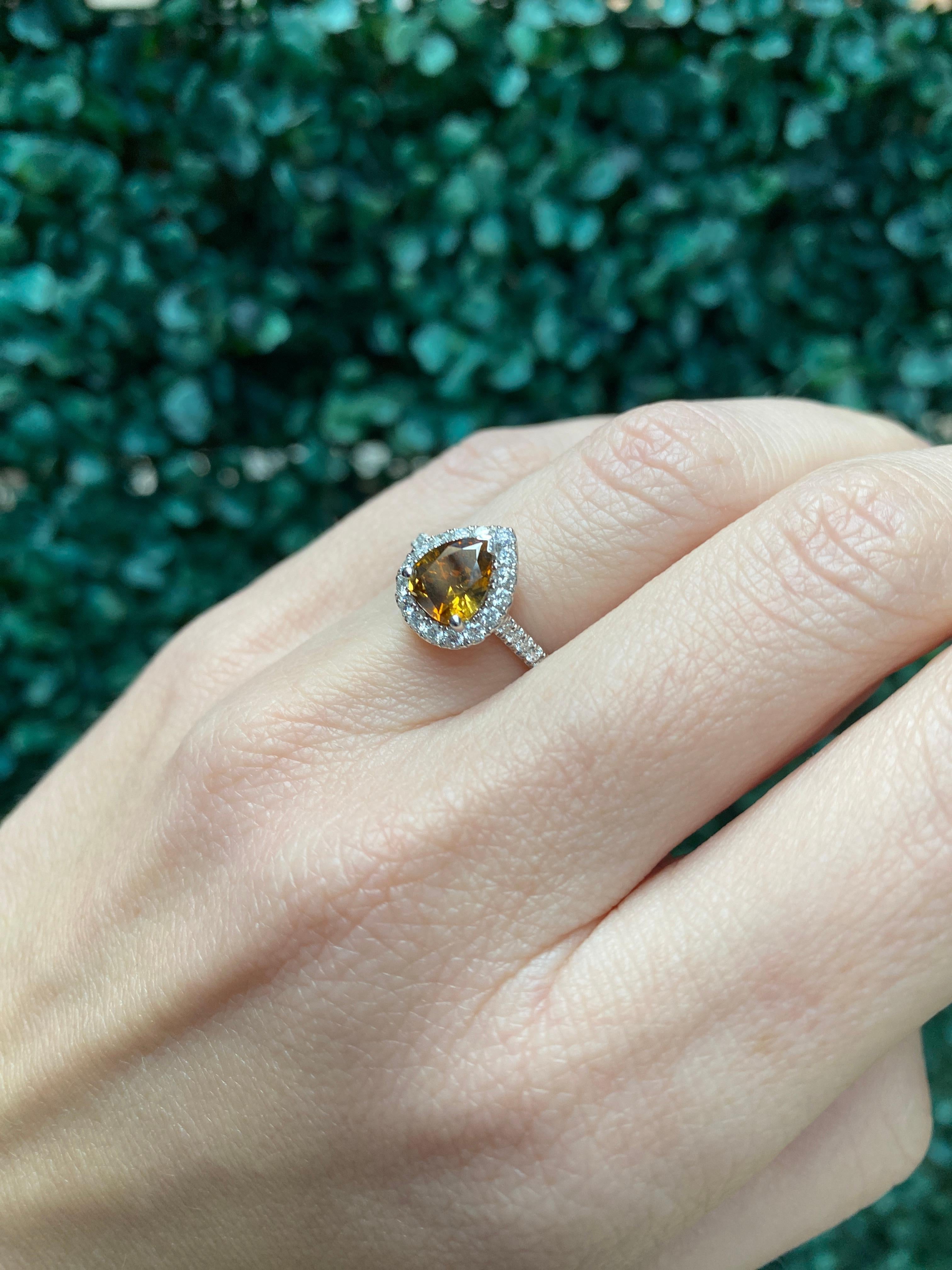 1.21 Carat Pear Shape Fancy Dark Yellow Brown Diamond Halo Engagement Ring For Sale 8