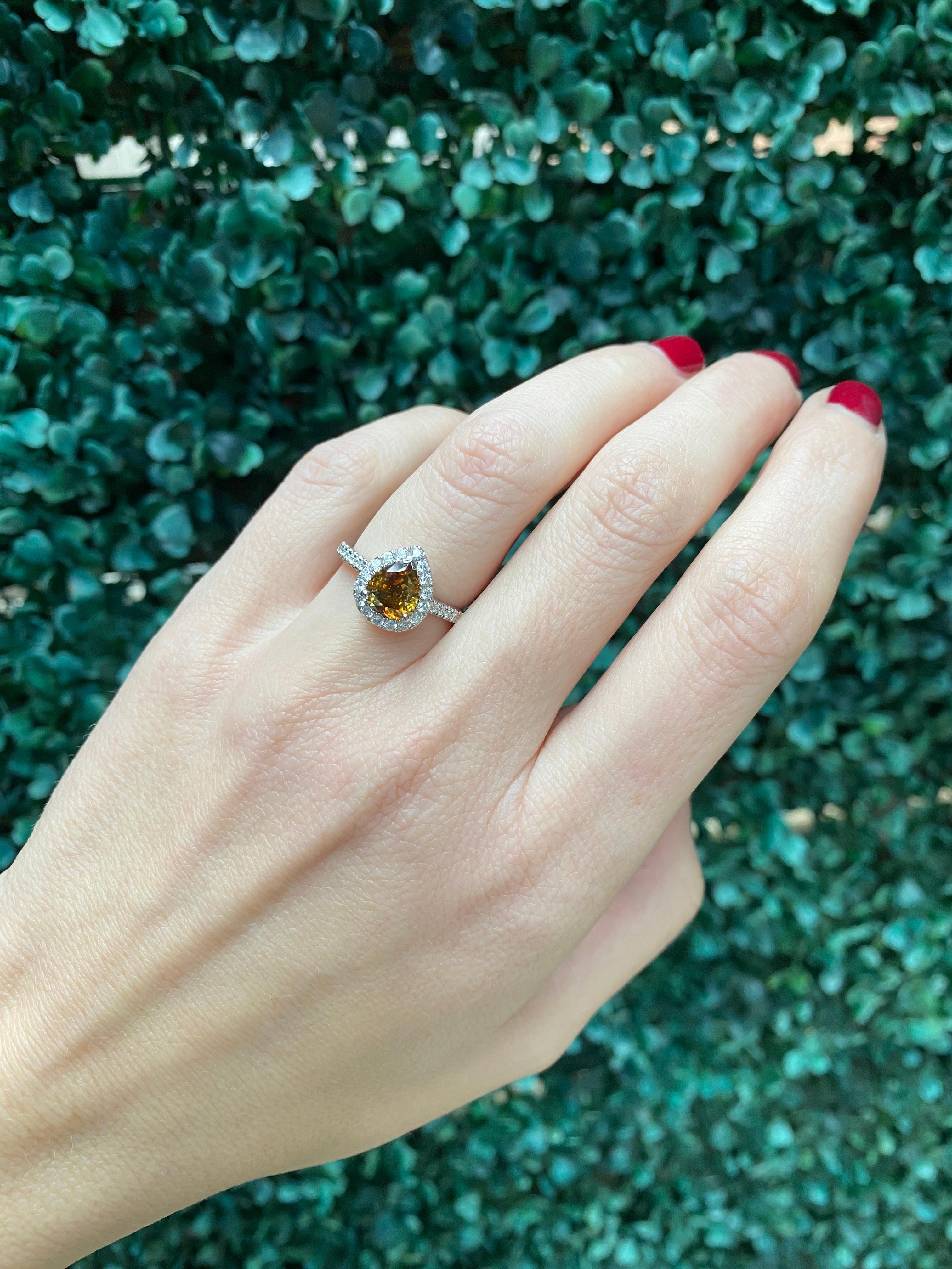 1.21 Carat Pear Shape Fancy Dark Yellow Brown Diamond Halo Engagement Ring For Sale 10
