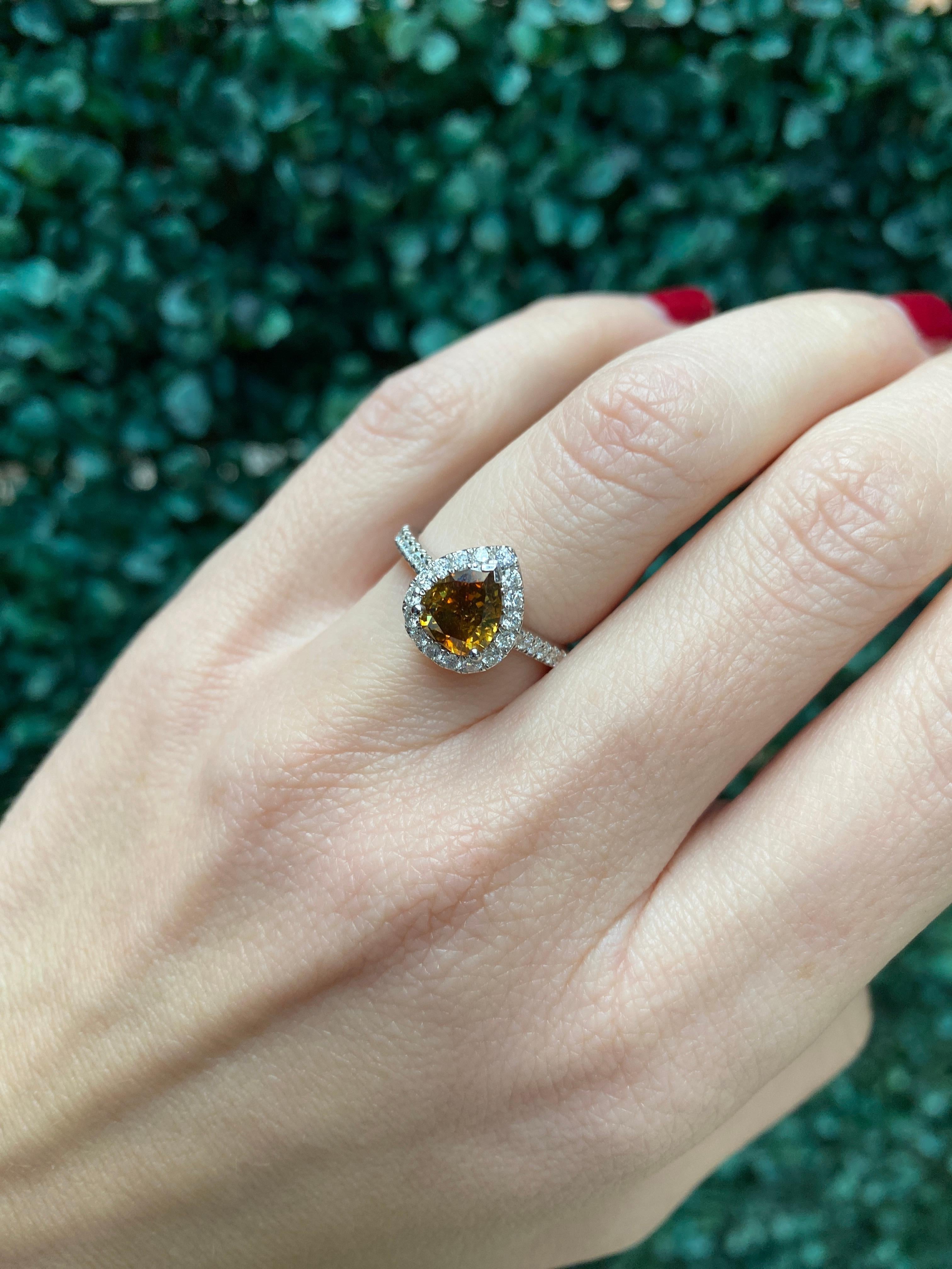 1.21 Carat Pear Shape Fancy Dark Yellow Brown Diamond Halo Engagement Ring For Sale 11