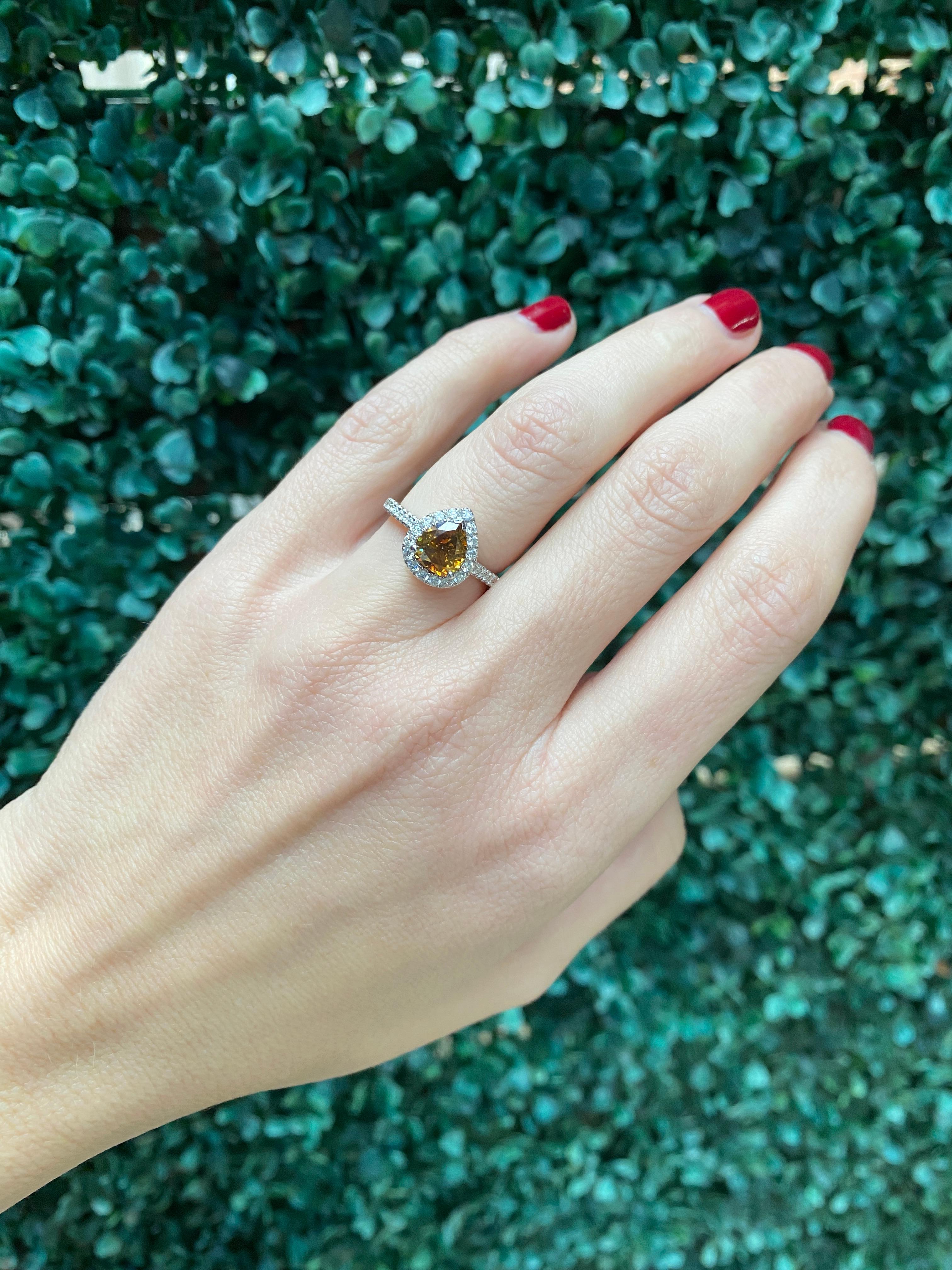 1.21 Carat Pear Shape Fancy Dark Yellow Brown Diamond Halo Engagement Ring For Sale 12