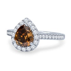 1.21 Carat Pear Shape Fancy Dark Yellow Brown Diamond Halo Engagement Ring