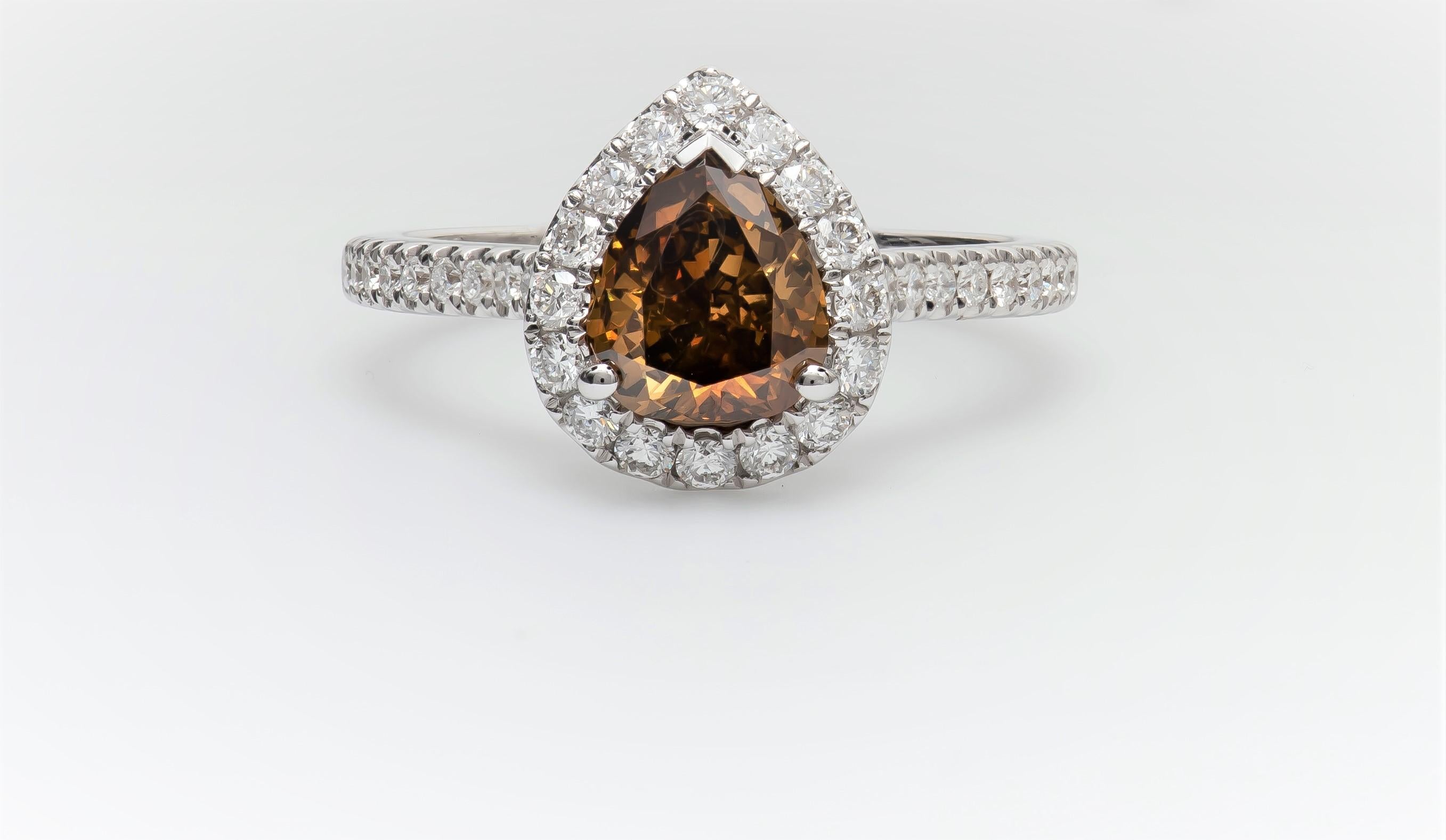 1.21 Carat Pear Shape Fancy Dark Yellow Brown Diamond Halo Engagement Ring In New Condition For Sale In Houston, TX