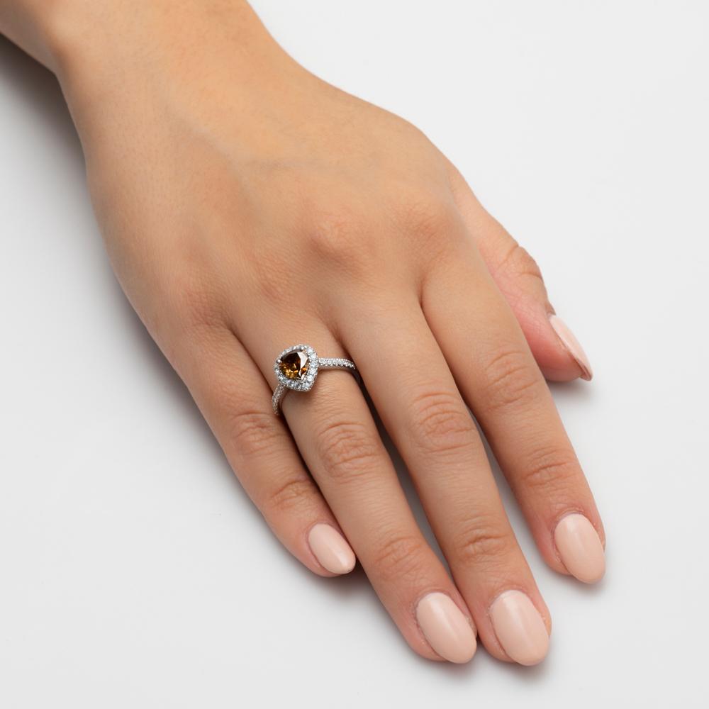 Women's 1.21 Carat Pear Shape Fancy Dark Yellow Brown Diamond Halo Engagement Ring For Sale