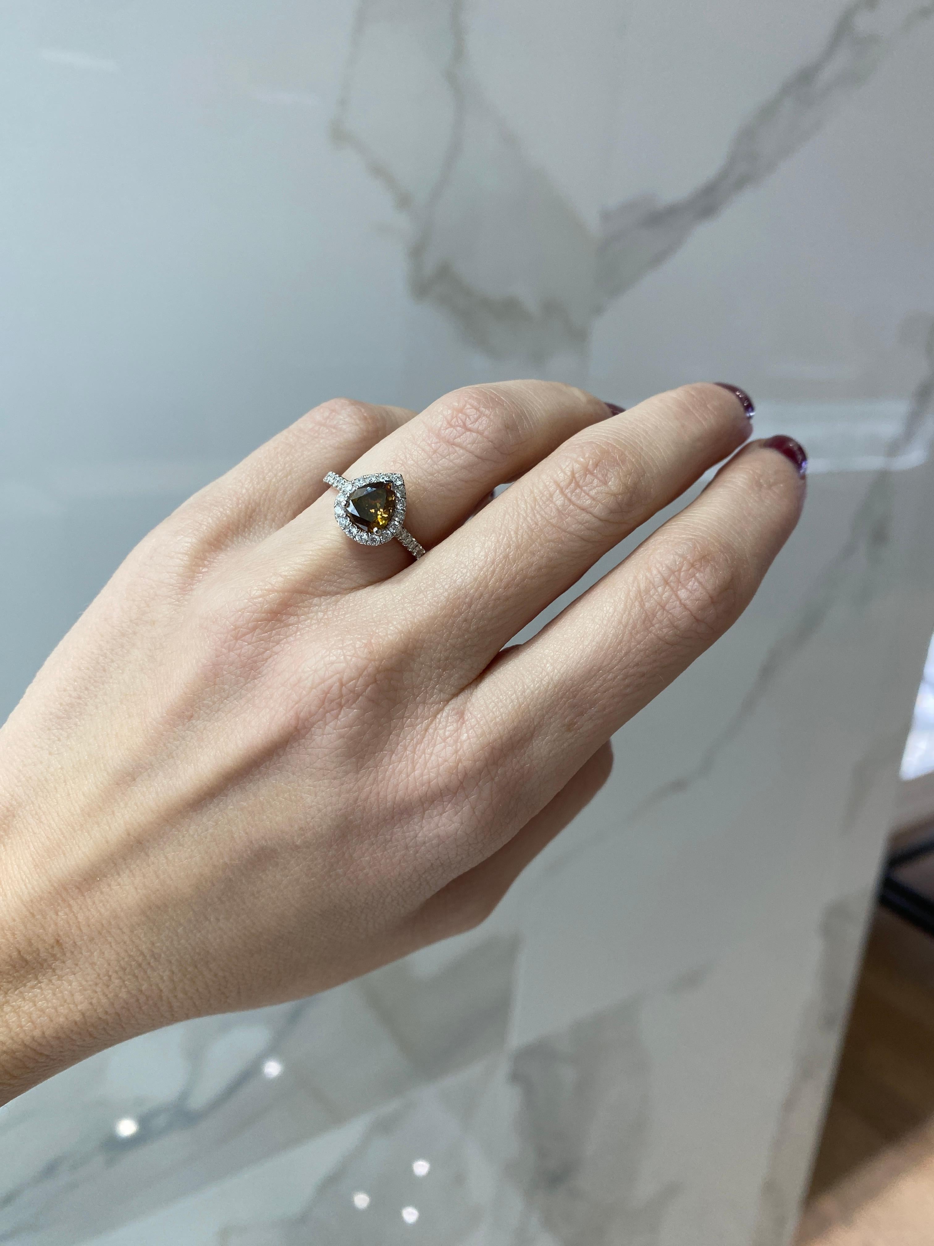1.21 Carat Pear Shape Fancy Dark Yellow Brown Diamond Halo Engagement Ring In New Condition For Sale In Houston, TX