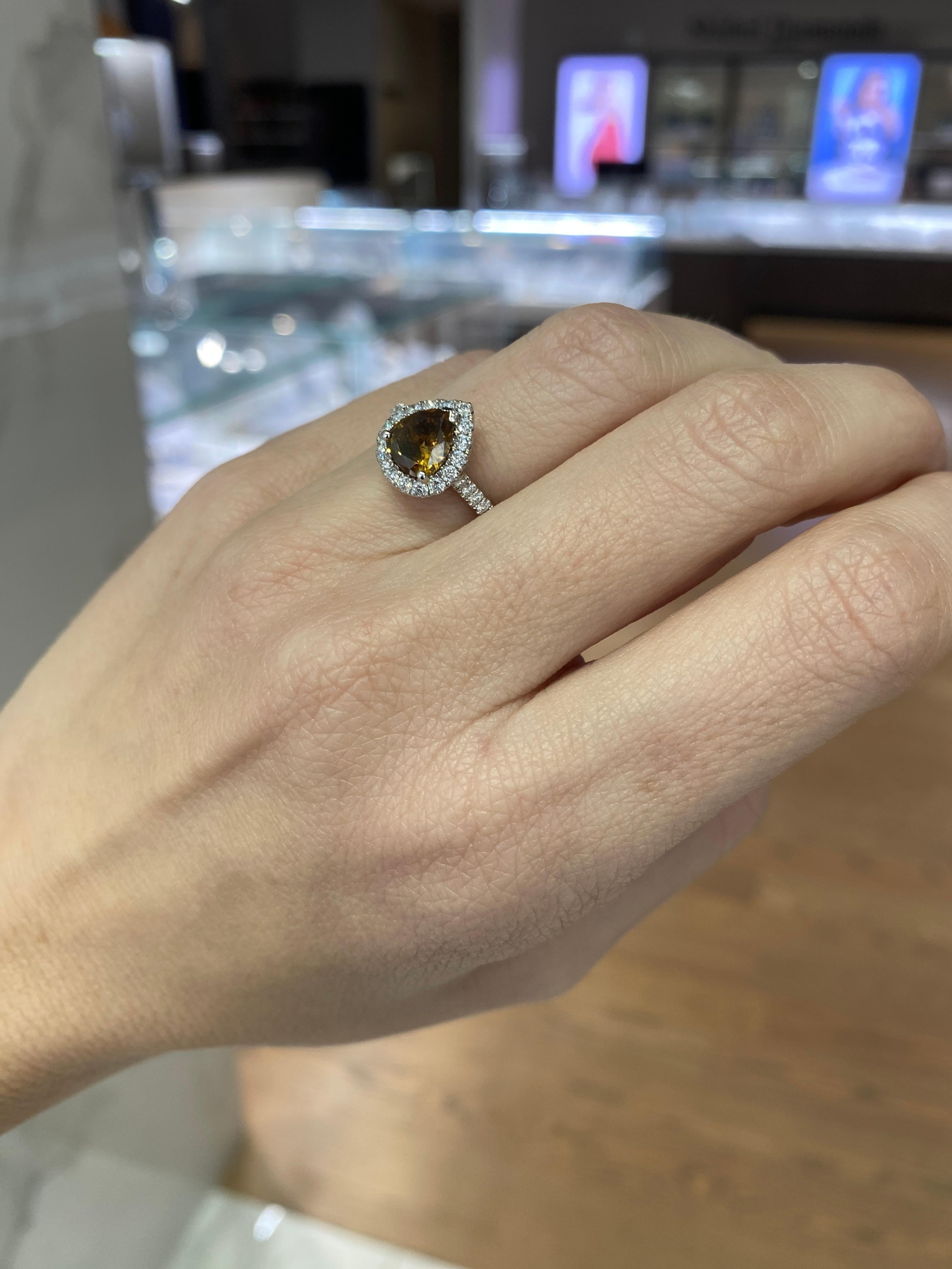 Women's 1.21 Carat Pear Shape Fancy Dark Yellow Brown Diamond Halo Engagement Ring For Sale
