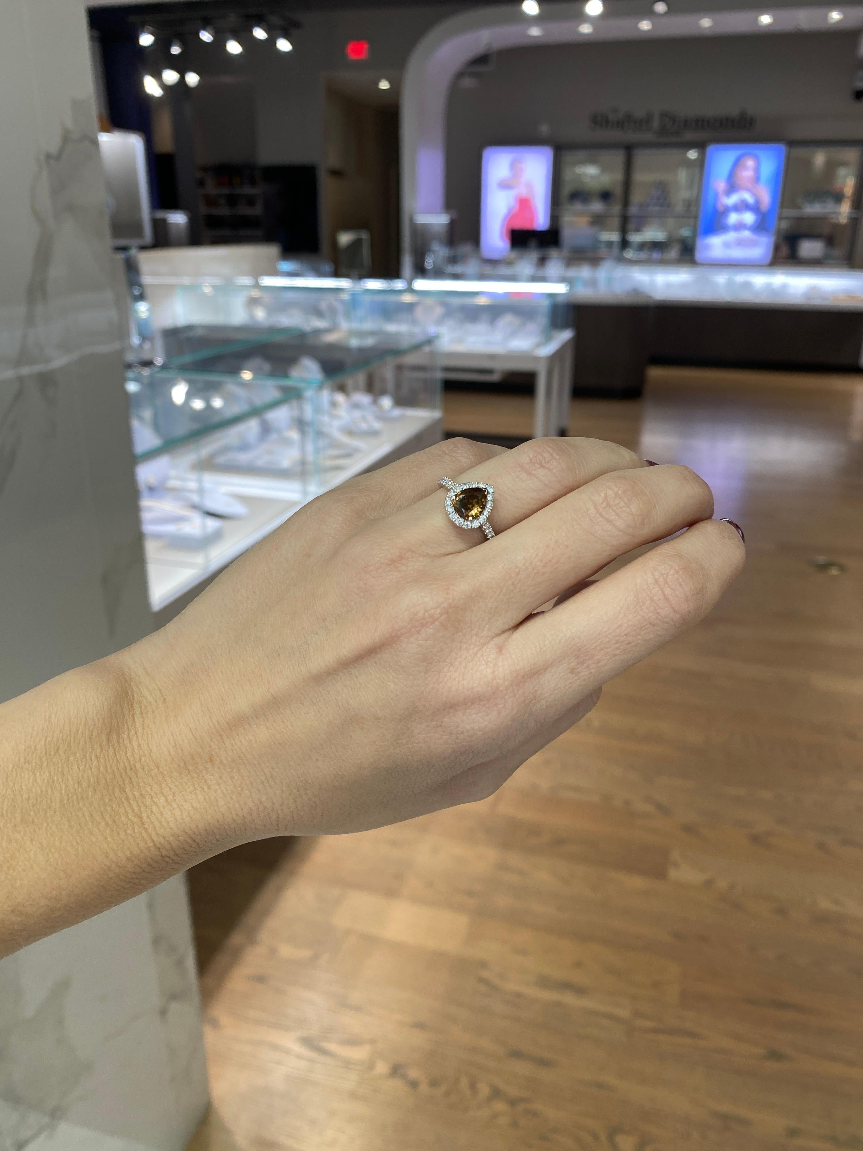 1.21 Carat Pear Shape Fancy Dark Yellow Brown Diamond Halo Engagement Ring For Sale 1