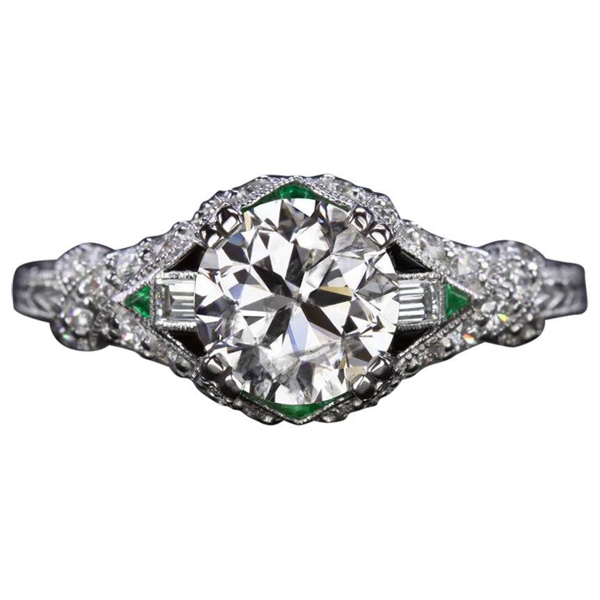 Anillo de compromiso de diamantes redondos talla brillante de 1,21 quilates con esmeralda y ónice