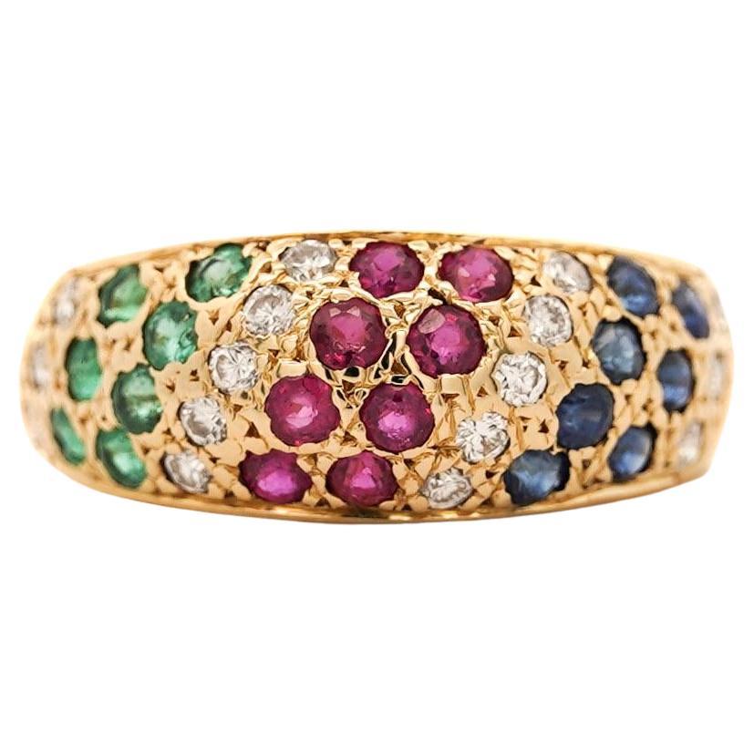 1.21 Carat Ruby Sapphire Emerald Diamond 18K Gold Multi Gem Cluster Dome Ring en vente