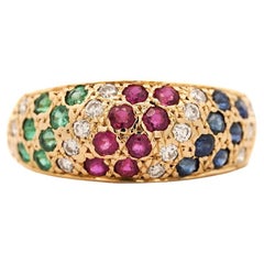 1.21 Carat Ruby Sapphire Emerald Diamond 18K Gold Multi Gem Cluster Dome Ring
