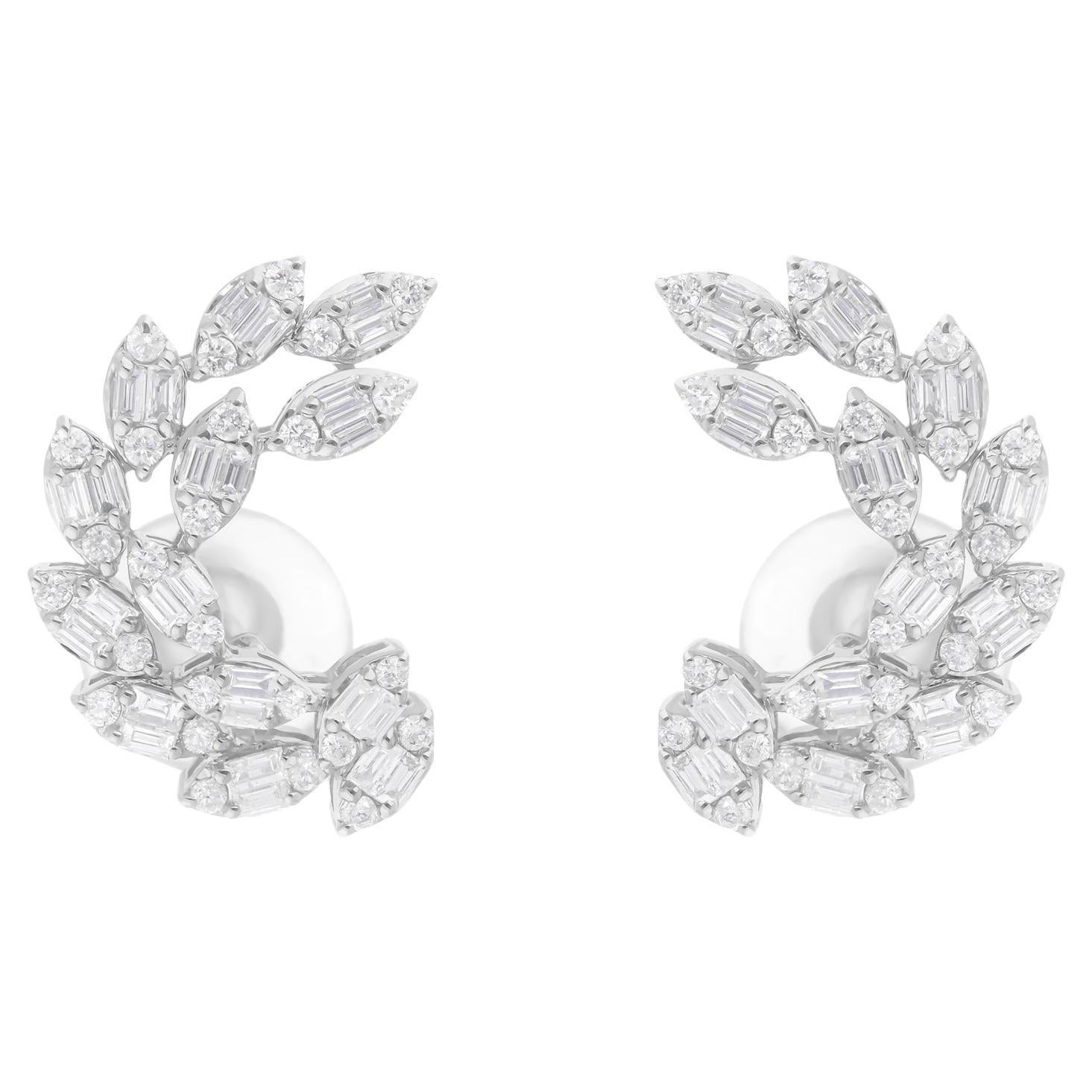 1.21 Carat SI/H Round Baguette Diamond Earrings 18 Karat White Gold Jewelry