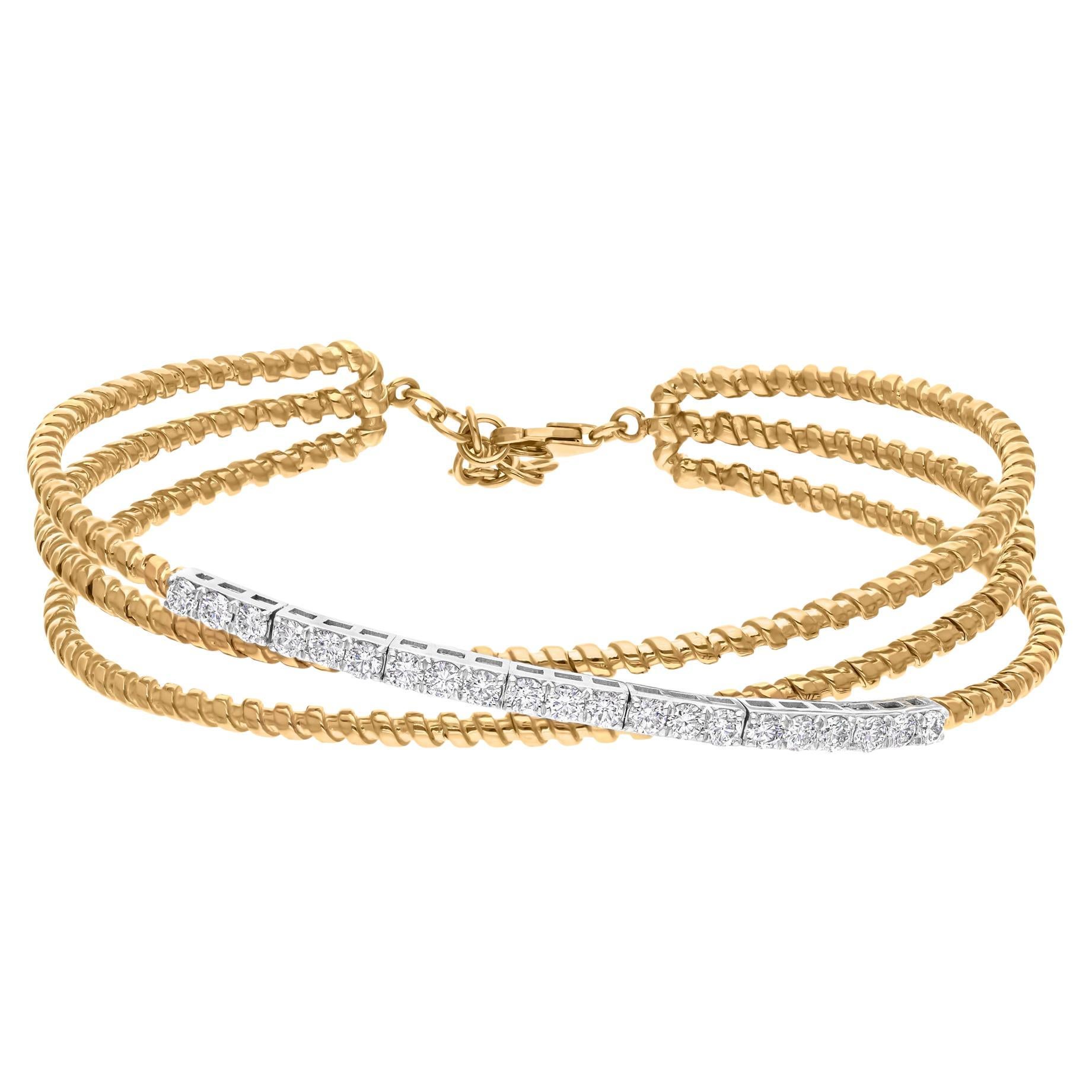 1.21 Carat SI/H Round Brilliant Cut Diamond Criss Cross Bracelet 10k Yellow Gold For Sale