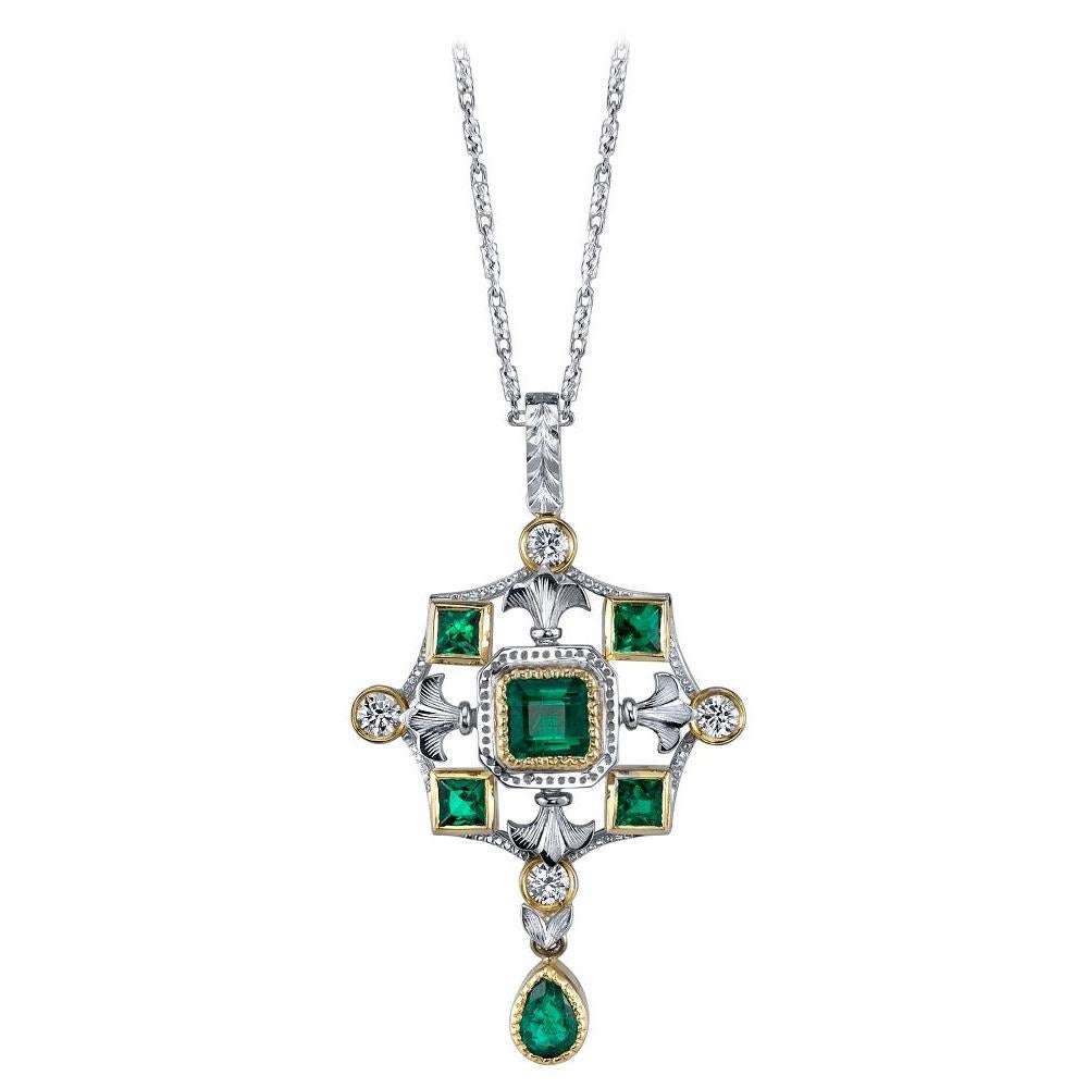 Emerald, Diamond, White, Yellow Gold "Renaissance" Design Drop Pendant Necklace 