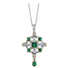 Emerald and Diamond Renaissance Inspired Necklace in 18k White and Yellow Gold