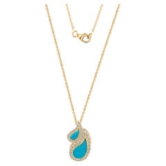 Turchese da 1,21 carati 0,58 carati. Collana con diamante SI/H in oro giallo 18 carati