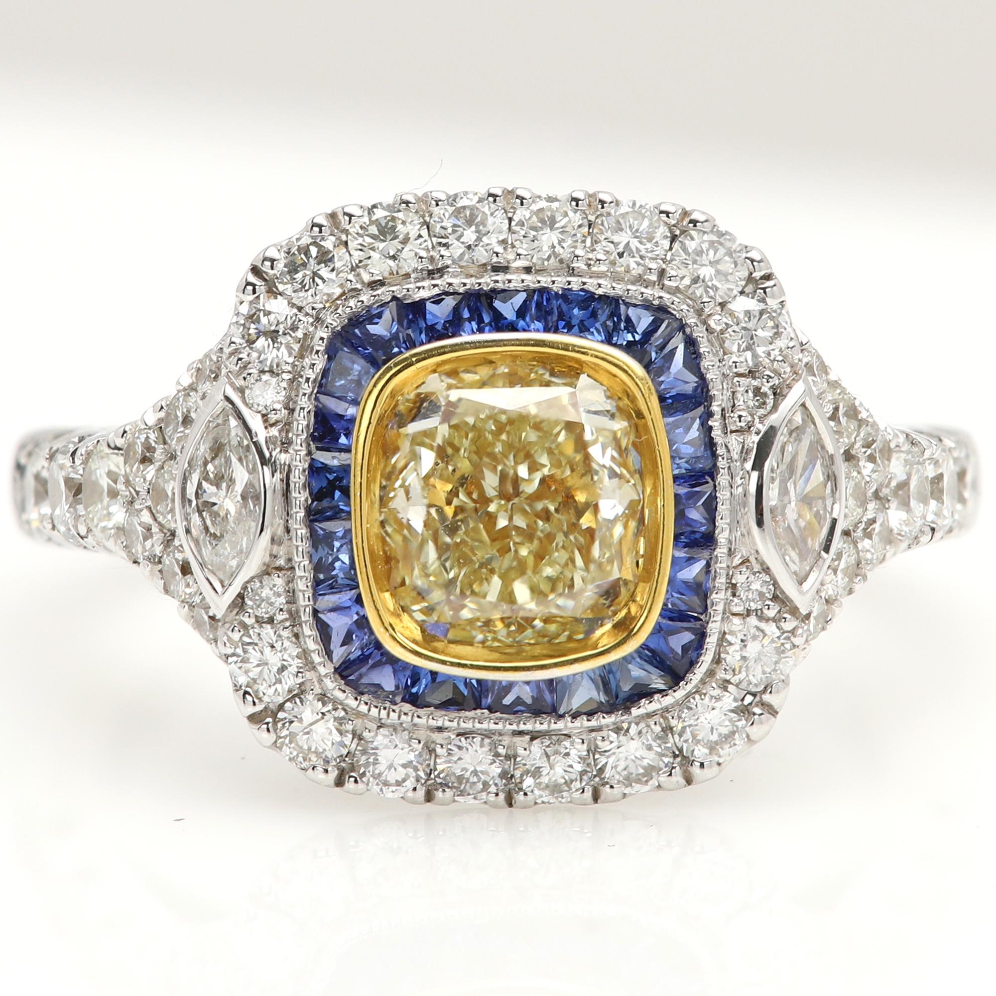 Bague Art déco en or 18 carats 1,21 carat diamant jaune et saphir bleu en vente 1