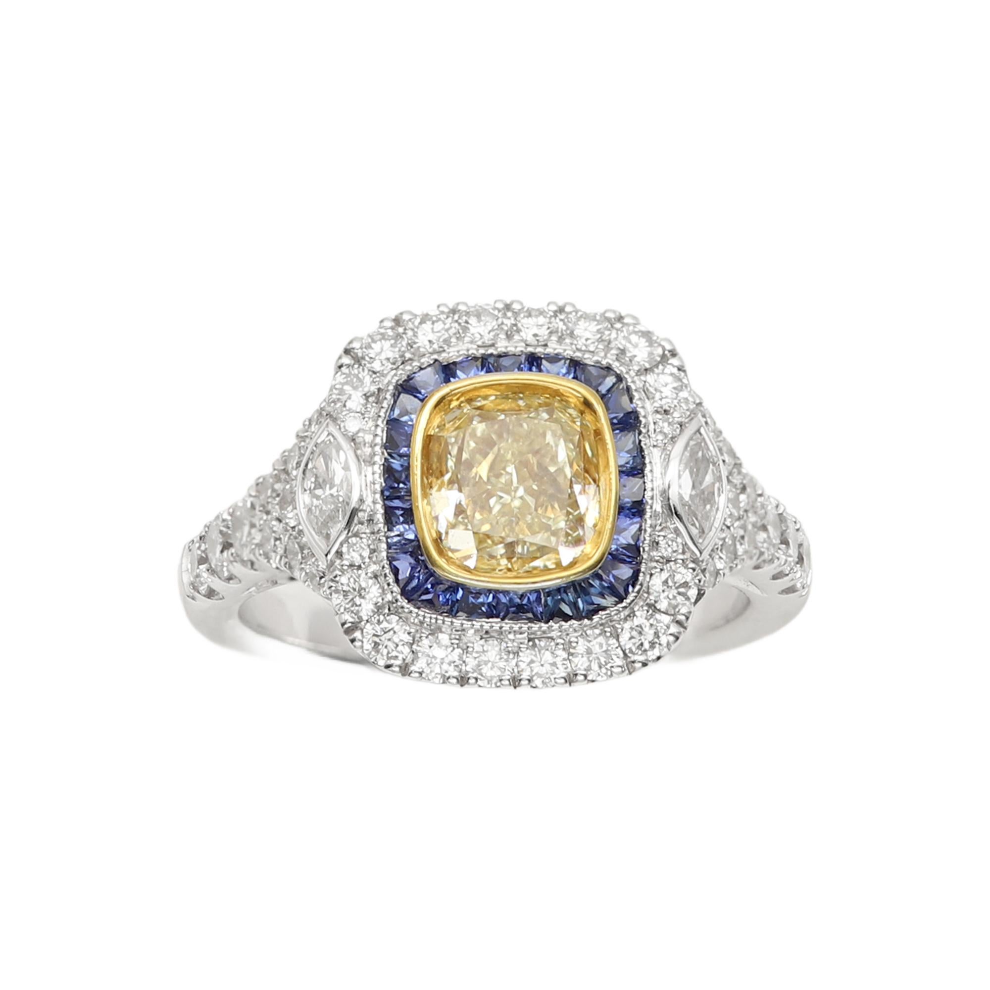 Bague Art déco en or 18 carats 1,21 carat diamant jaune et saphir bleu en vente 2