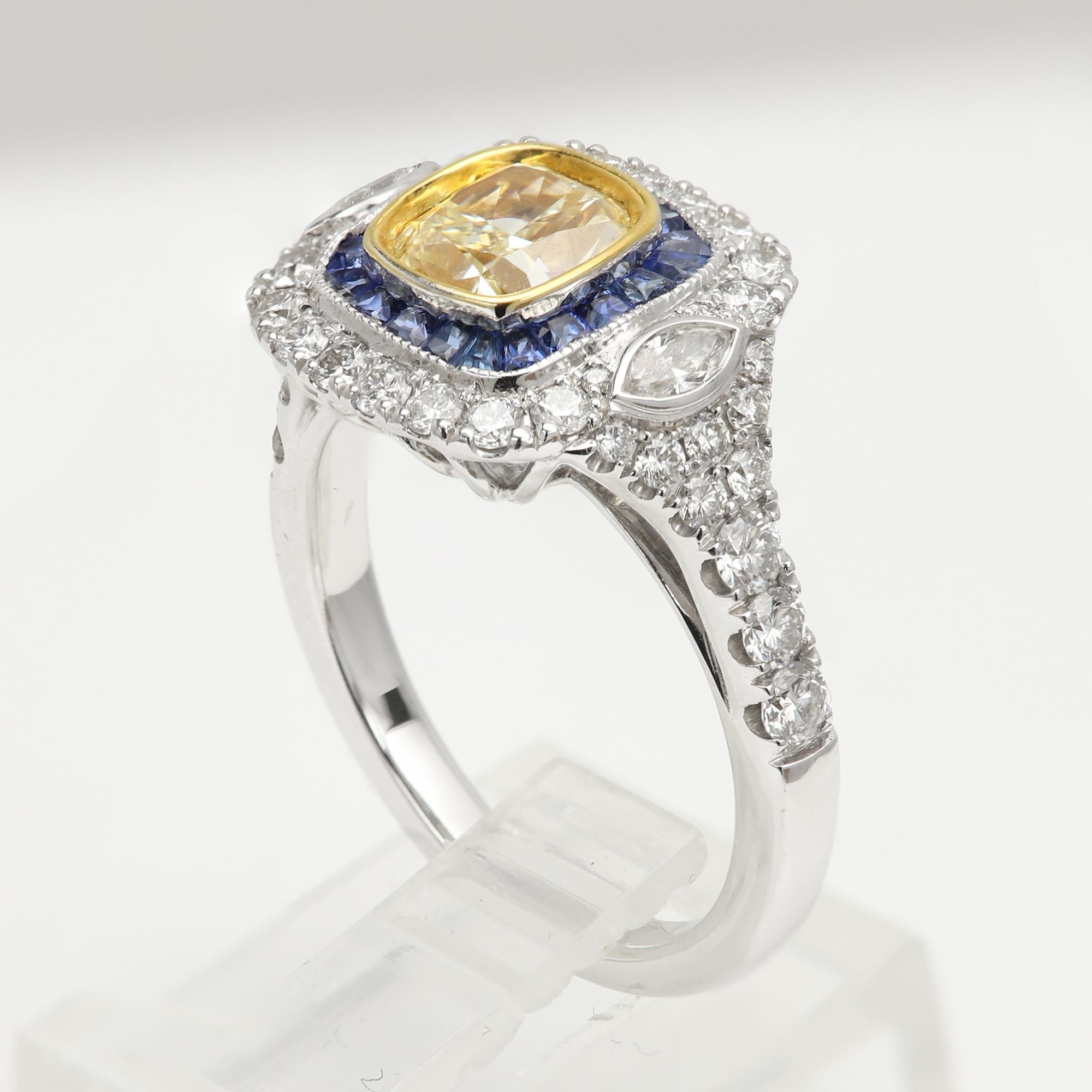 Bague Art déco en or 18 carats 1,21 carat diamant jaune et saphir bleu en vente 3