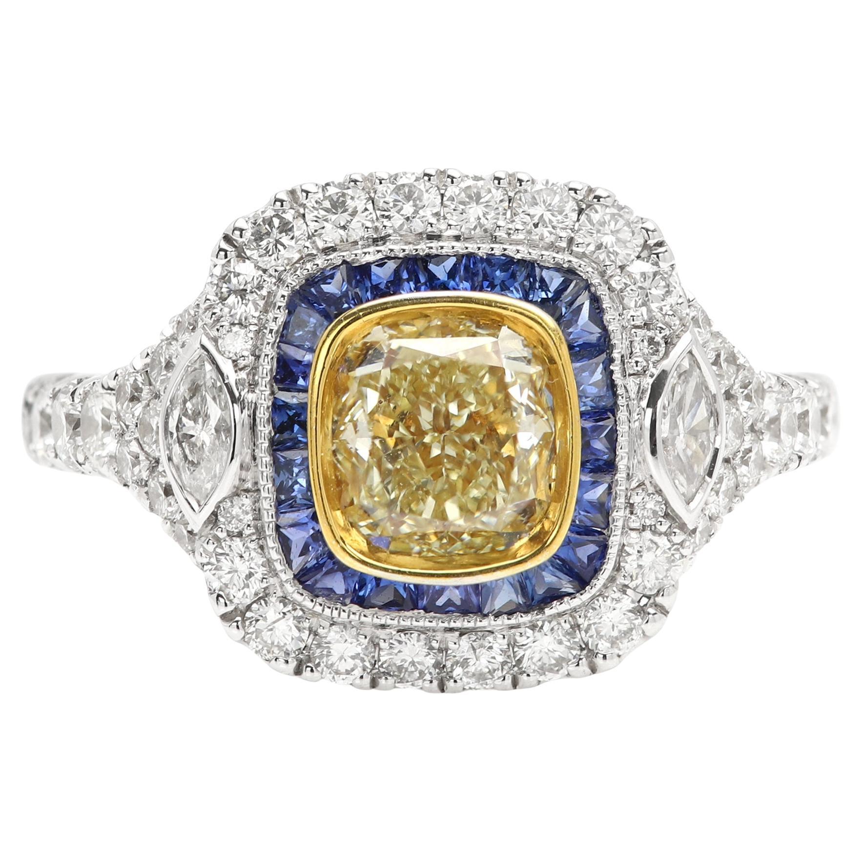 Bague Art déco en or 18 carats 1,21 carat diamant jaune et saphir bleu en vente