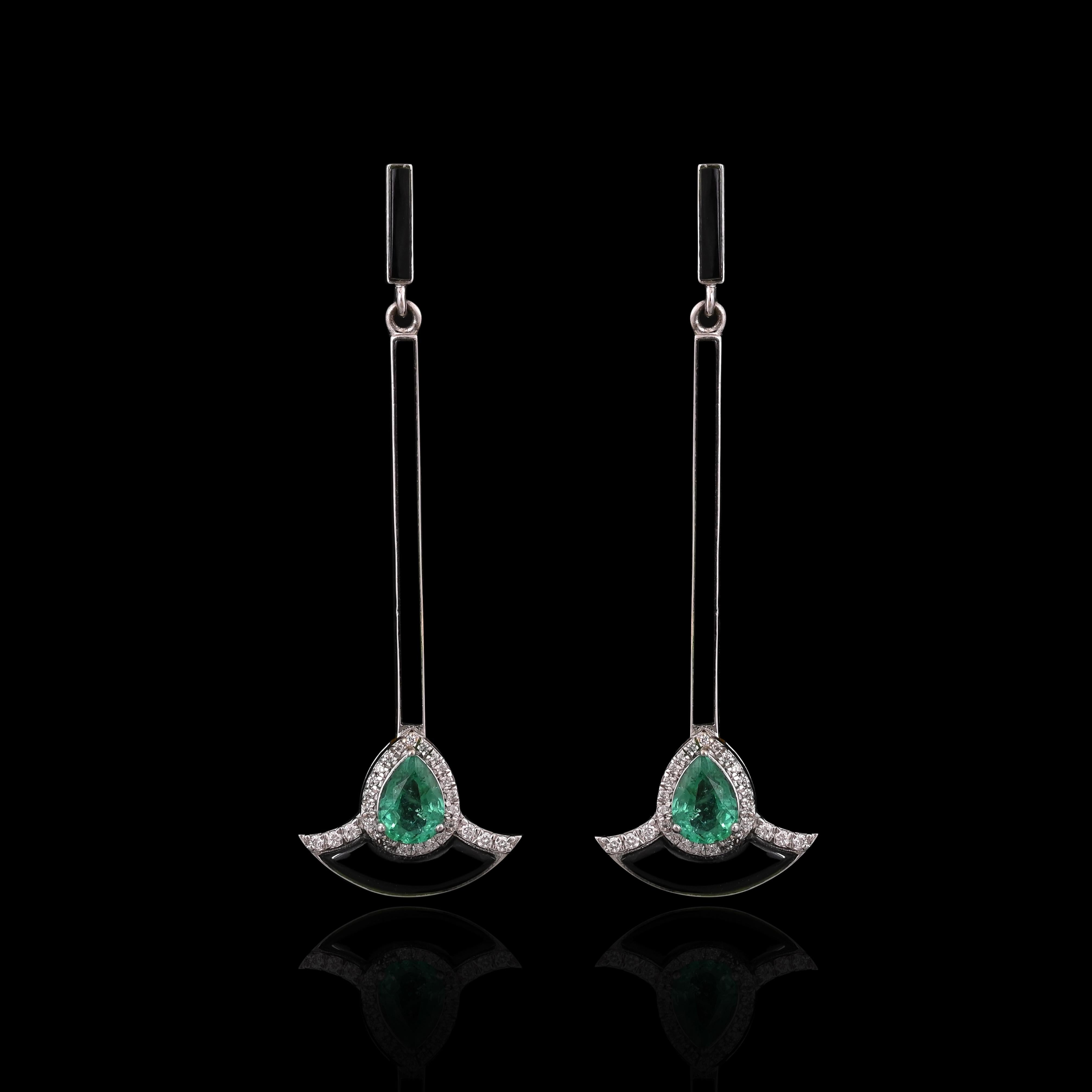 A very gorgeous and Art Deco style, Emerald Chandelier / Dangle Earrings set in 18K Gold & Diamonds. The weight of the Emeralds is 1.21 carats. The Emeralds are completely natural, without any treatment and is of Zambian origin. The weight of Black
