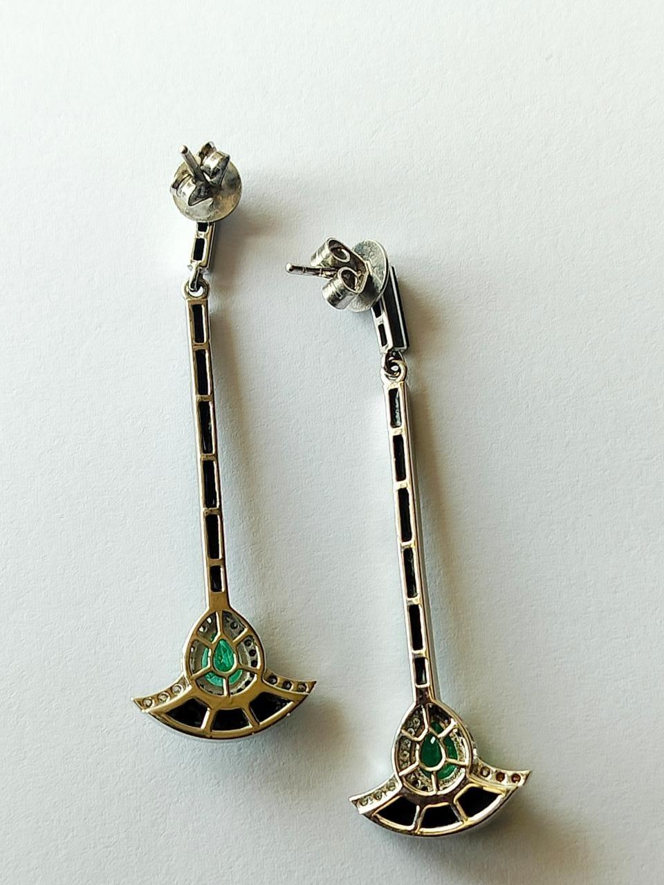 1.21 carats Natural Emerald, Black Enamel & Diamonds Chandelier Earrings For Sale 2
