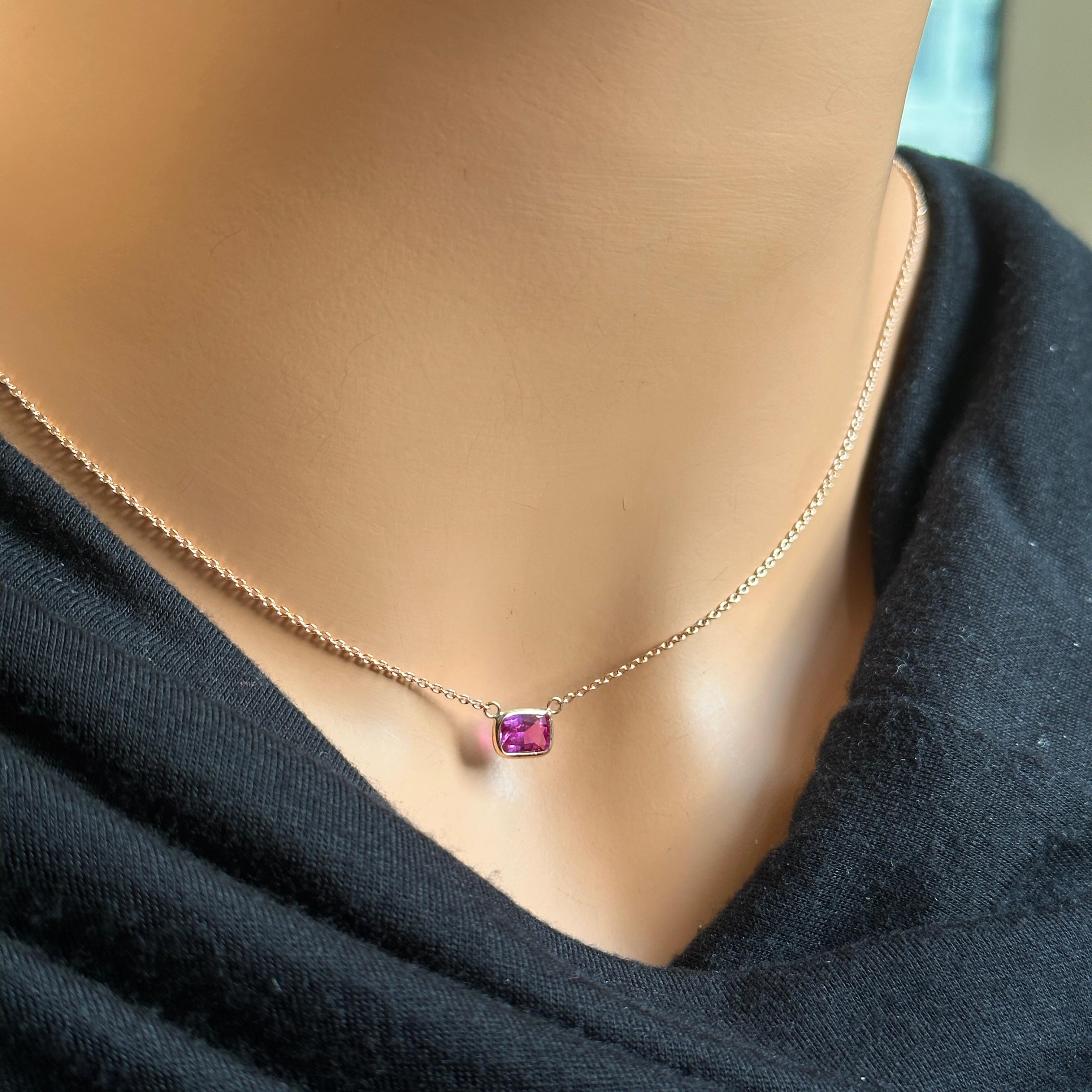 Contemporary 1.21ct. Certified Pink Sapphire Cushion Cut Solitaire Necklace in 14k RG For Sale